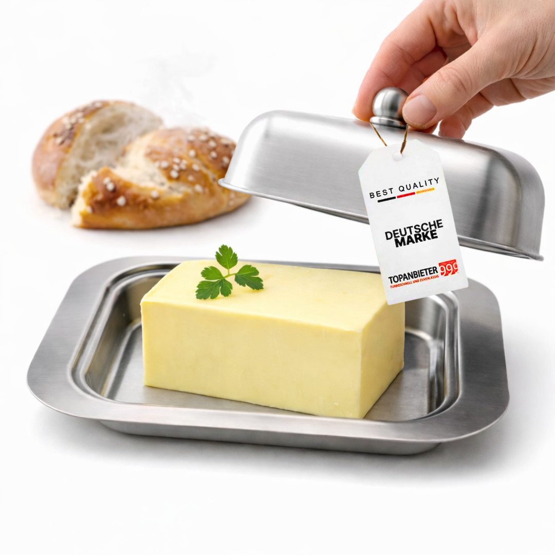 Topanbieter999 Butterdose Edelstahl matt Butterglocke Aufbewahrung Butter Butterbehälter, Edelstahl 18/8, (2 tlg), Unterteil satiniert