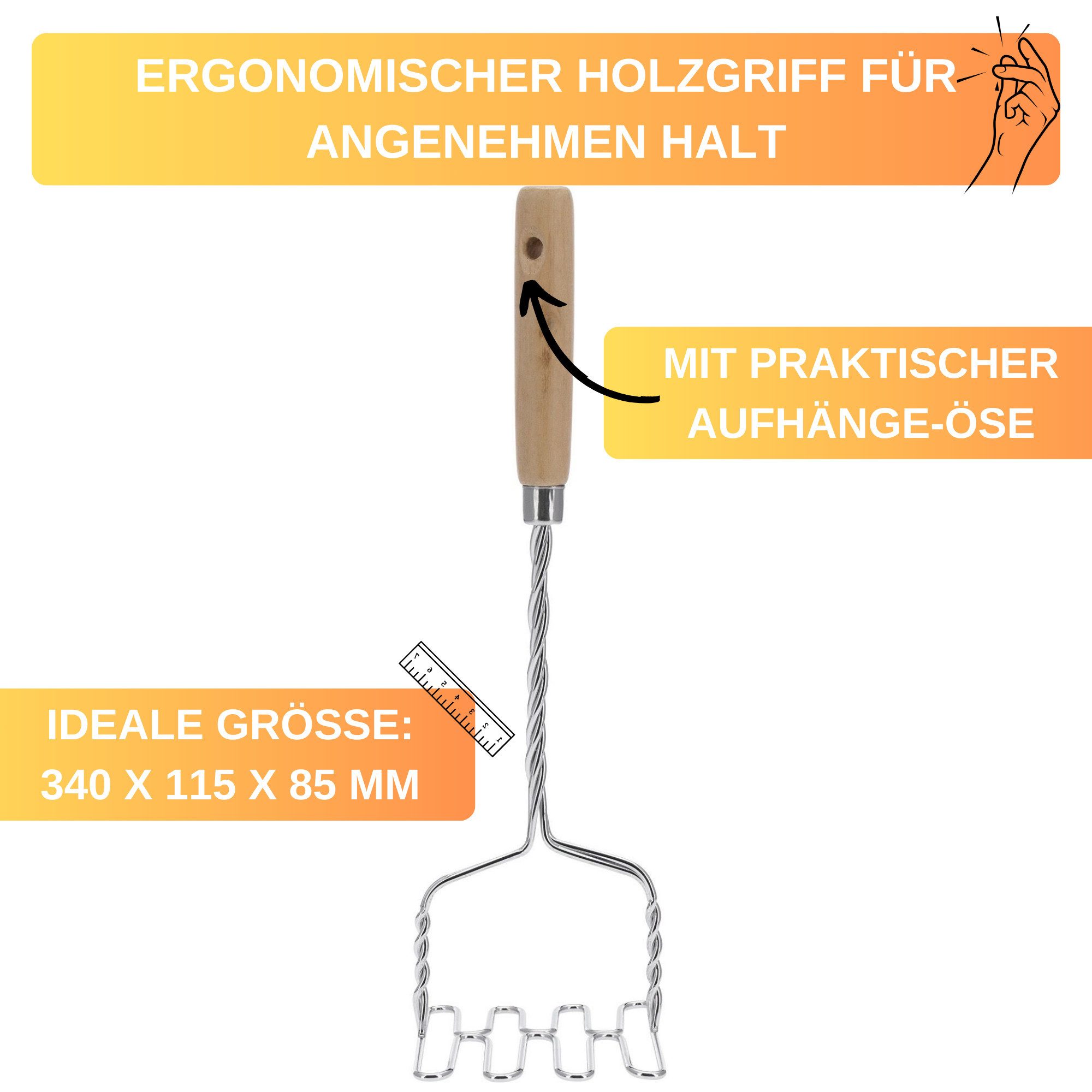 Thiru Kartoffelstampfer mit Holz-Griff und Draht-Kopf für die Zubereitung von Kartoffelpüree, Holz