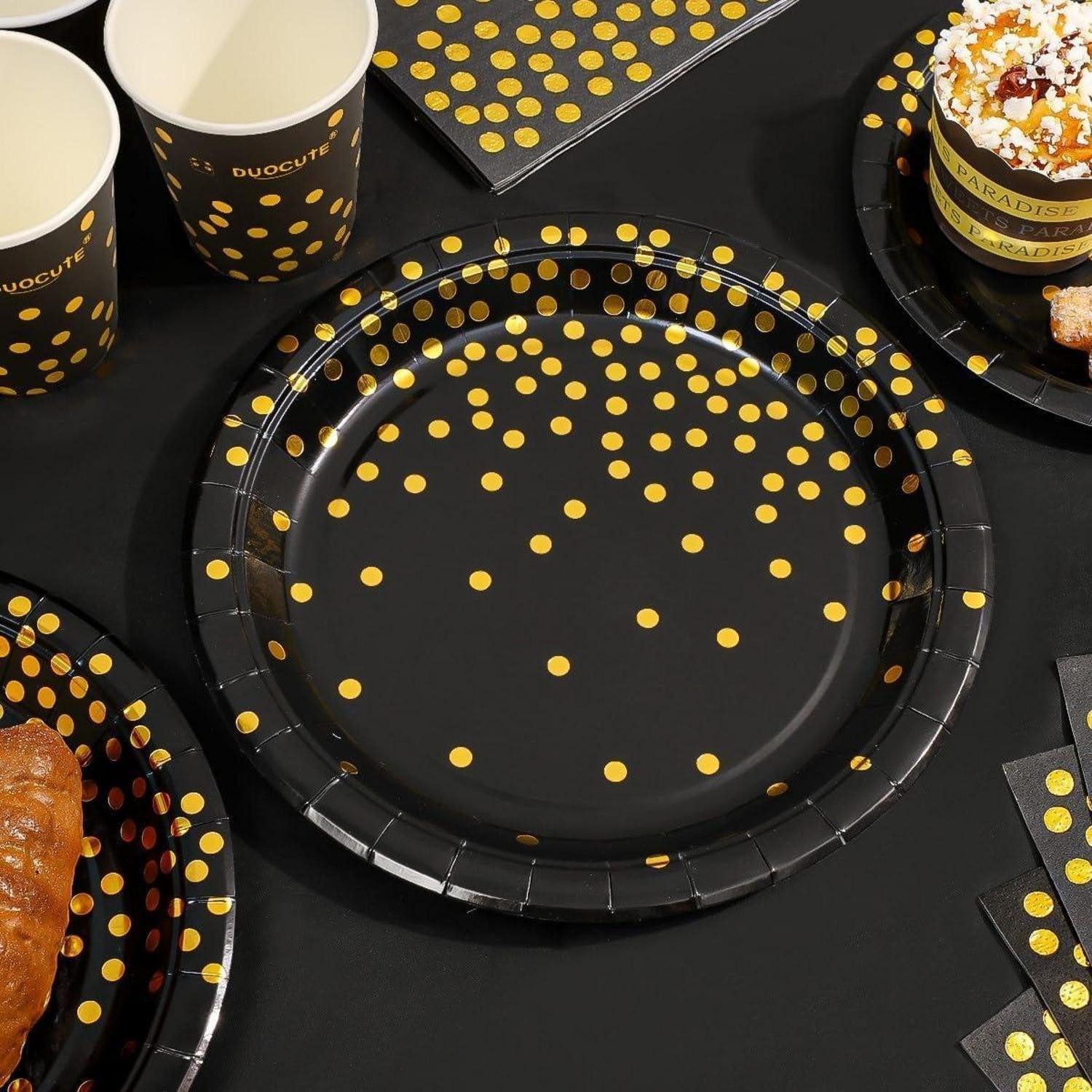LuxusKollektion Pappteller Partygeschirr 99 Teile Pappteller Servietten Tassen Schwarz Gold