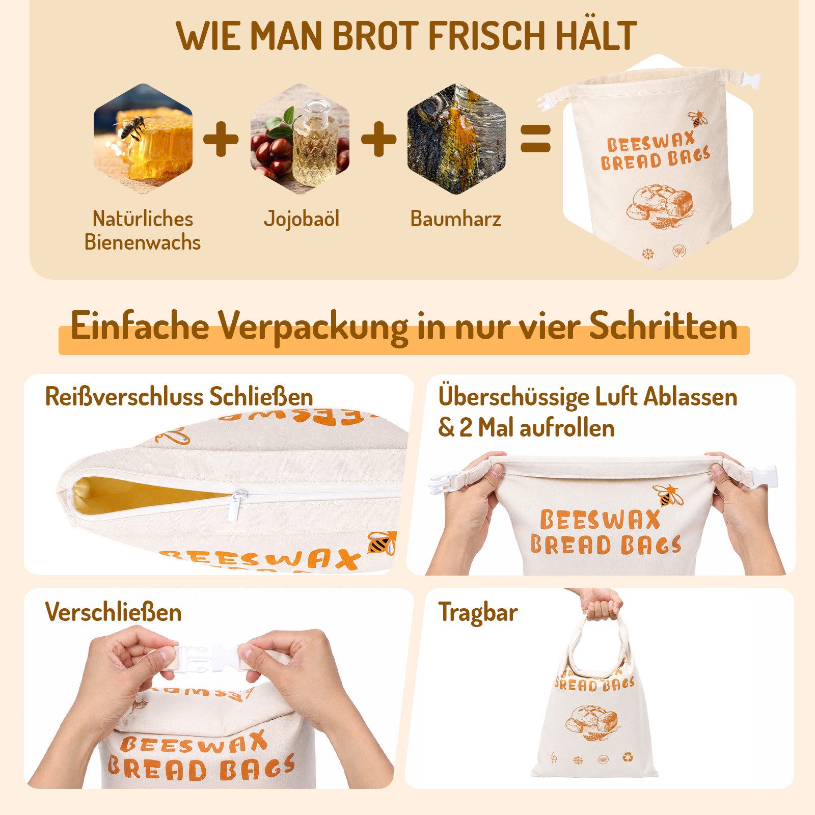JOYOLEDER Brottasche Bienenwachs Brotbeutel 2 Stück, 43×34 cm Wiederverwendbar, (für Brot, Brotbeutel Aufbewahrung Frischhalten, mit Reißverschluss, zur Aufbewa – Bild 3 von 5