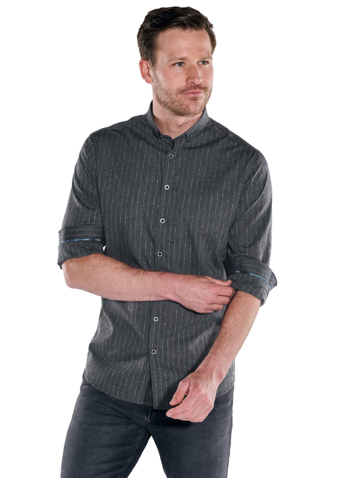 ENGBERS GERMANY Langarmhemd Herren Langarm-Hemd mit Chenille Nadelstreifen, Anthrazit