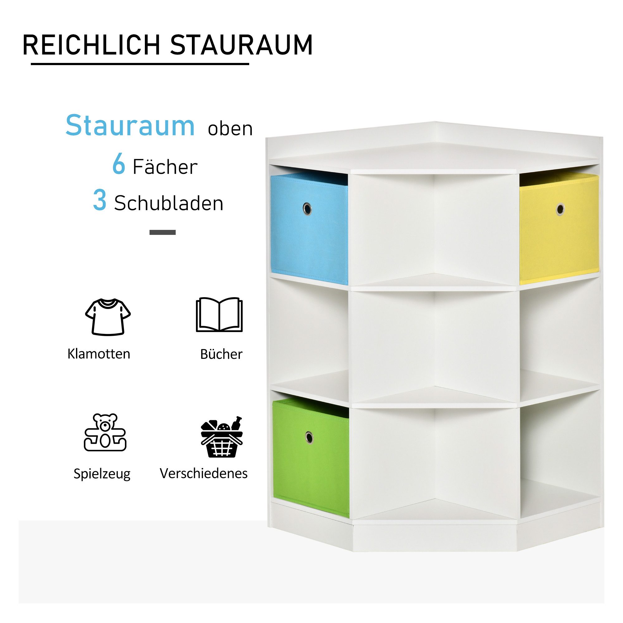 HOMCOM Kinderregal Bücherregal Kinderzimmerregal, 7 offene Fächer, Kindergarten, Eckregal mit 3 Aufbewahrungsboxen 1-tlg., für Kinderzimmer, für 3-12 Jahre Kind – Bild 5 von 5