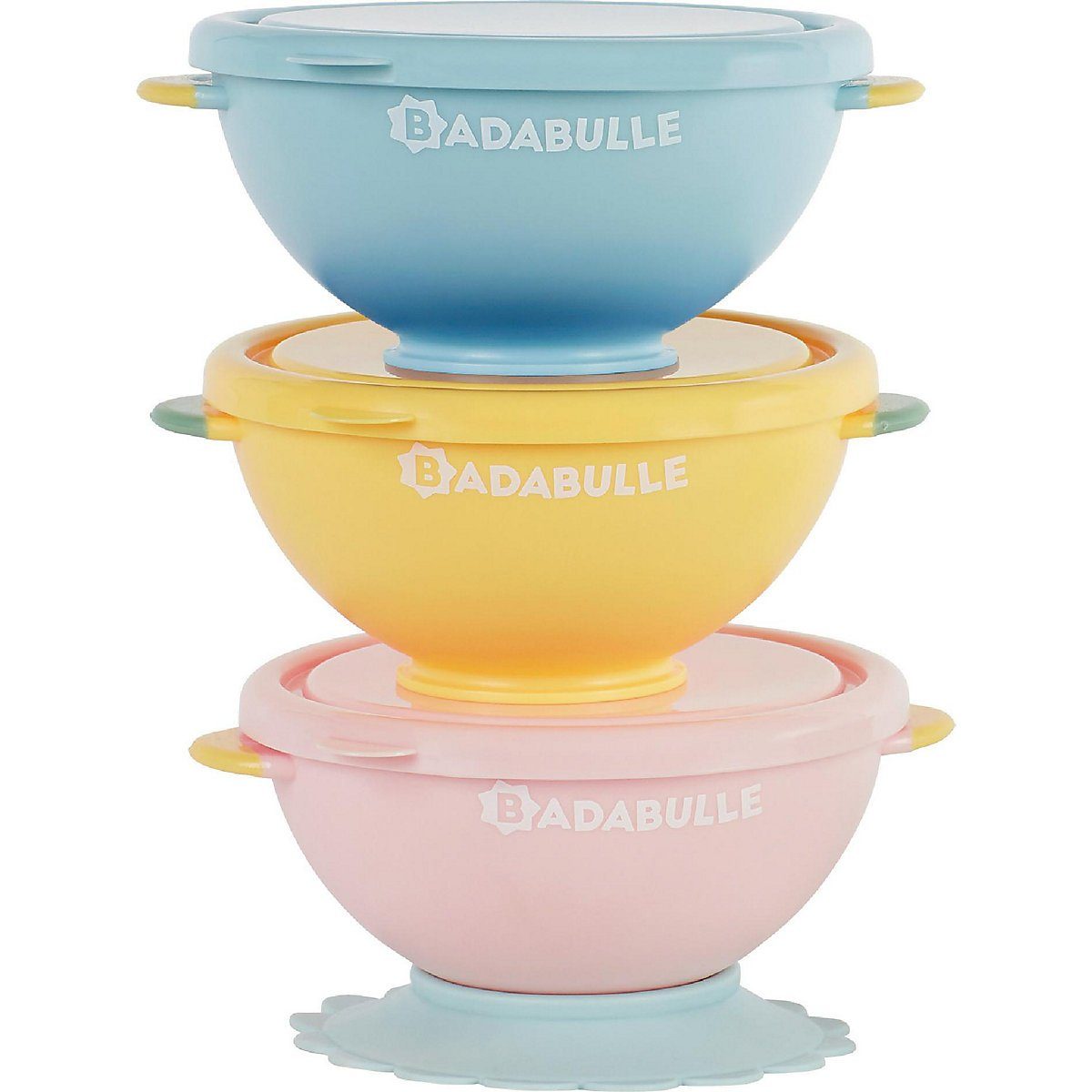 badabulle Schale Bowls Funcolor 3er-Set & Saugnapf mit Deckel