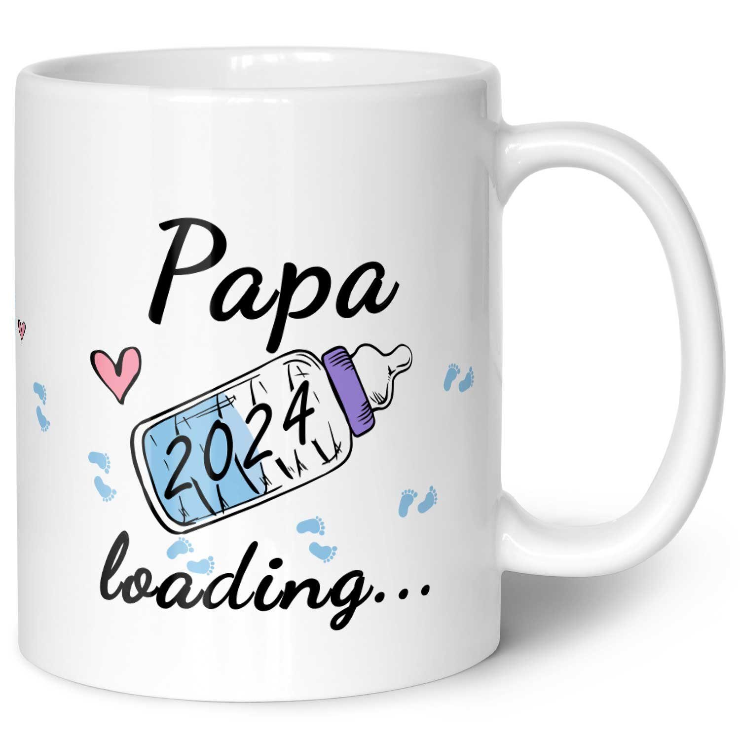 GRAVURZEILE Tasse Bedruckte Tasse mit Spruch - Baby Loading - Motiv mit Jahr 2024, Keramik, Geschenk für werdende Eltern - Weiß - Papa Blau