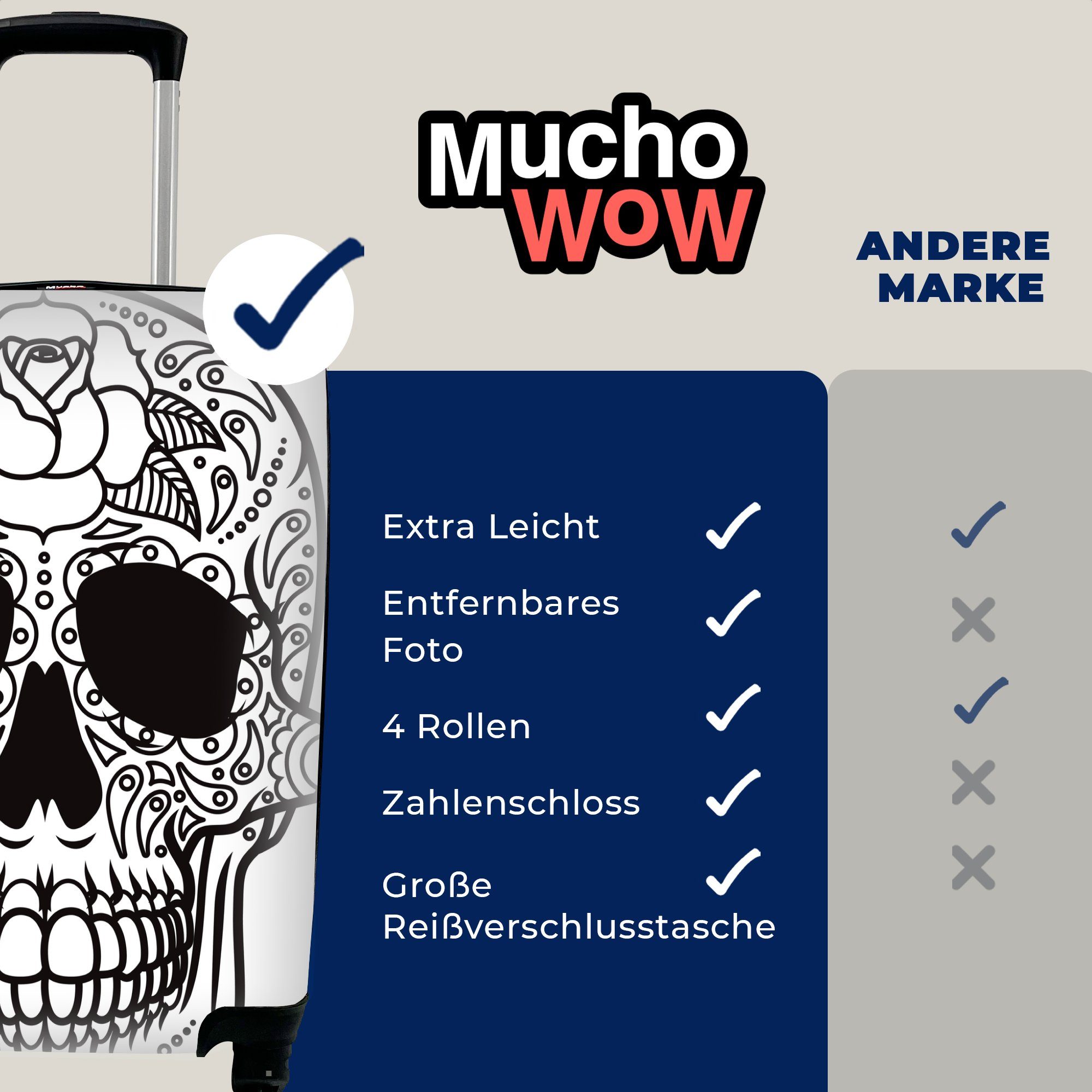 MuchoWow Handgepäckkoffer Eine schwarz-weiße Illustration eines Dias De Los Muertos-Schädels, 4 Rollen, Reisetasche mit rollen, Handgepäck für Ferien, Trolley, Reisekoffer