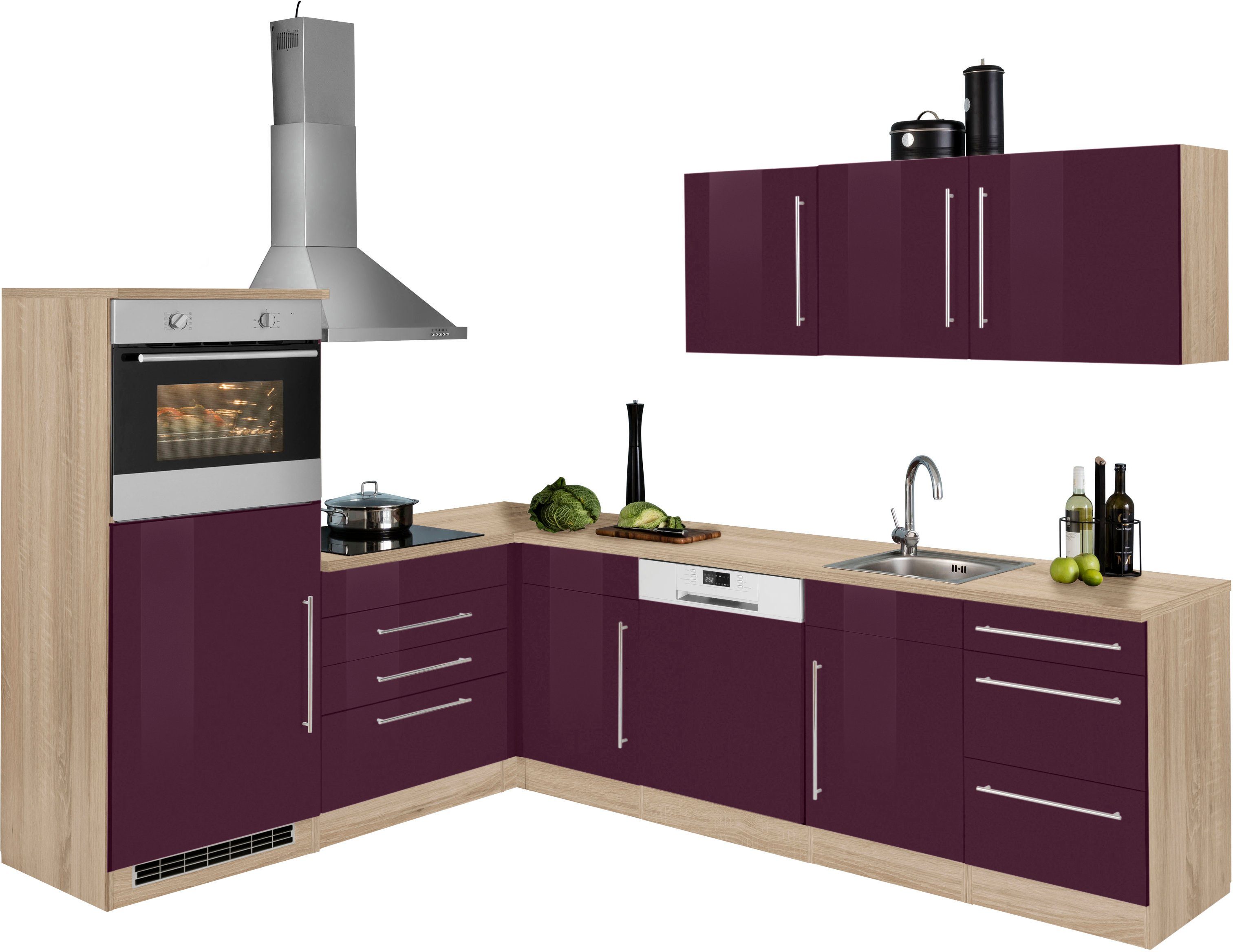 HELD MÖBEL Winkelküche Samos, mit E-Geräten, Stellbreite 200/270 cm aubergine Hochglanz/Eiche sonoma | Eiche sonoma