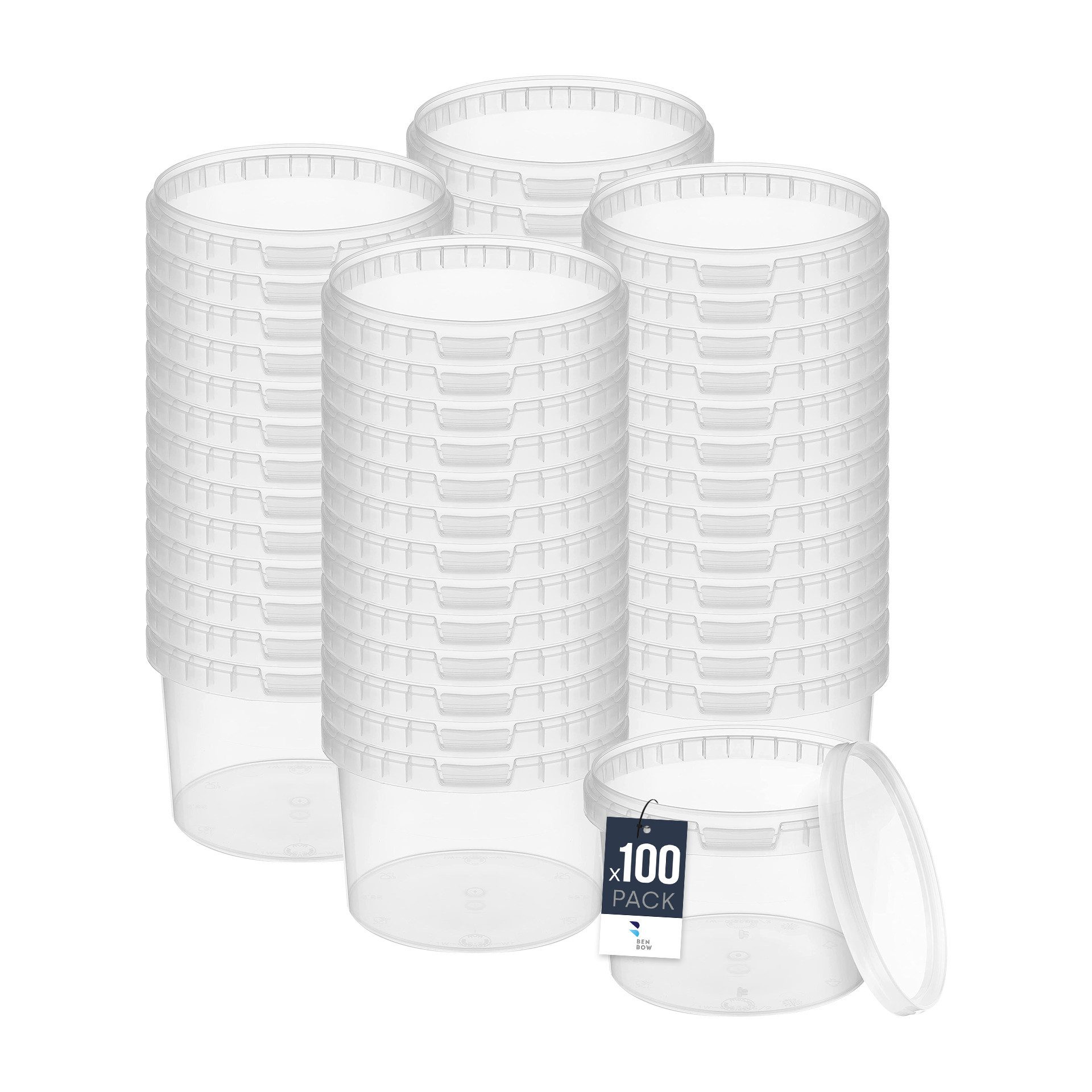 BENBOW Aufbewahrungssystem Eimer mit Deckel 30 20 10 5 3 1 0,5 L Transparent Lebensmittelecht, Polypropylen - Lebensmittelecht, Geschmacksneutral, Auslaufsicher, (100-tlg., PZH-, BRC- und DIN-ISO-zertifiziert), für Lebensmittel, Farben, Chemikalien