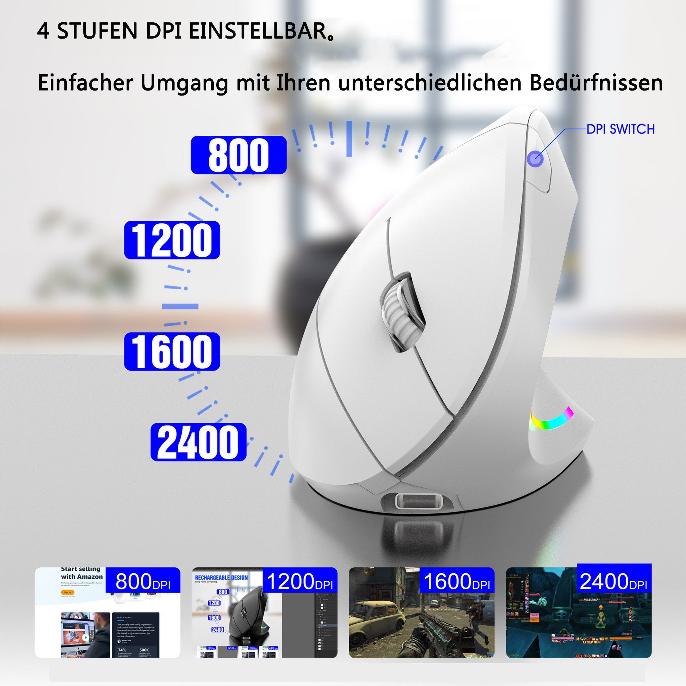 KINSI 2.4G Kabellose Vertikalmaus,Handgelenkschutz Computermaus ergonomische Maus (2.4G, Ergonomische Stehmaus für Gaming & Büro)