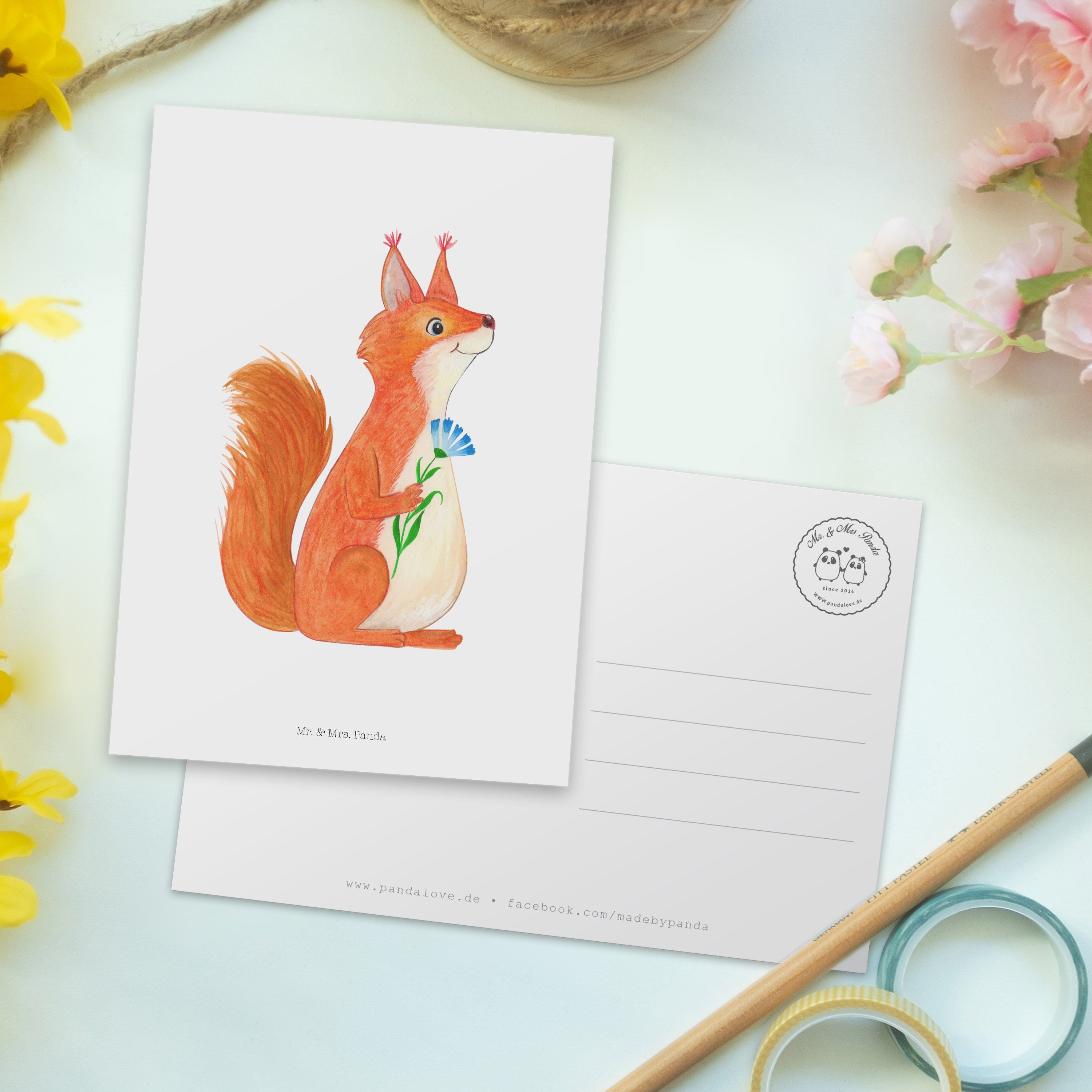 - Mr. Ansichtskarte, Postkarte Geburtstagskarte & Panda Eichhörnchen Geschenk, Weiß Blume - Mrs.