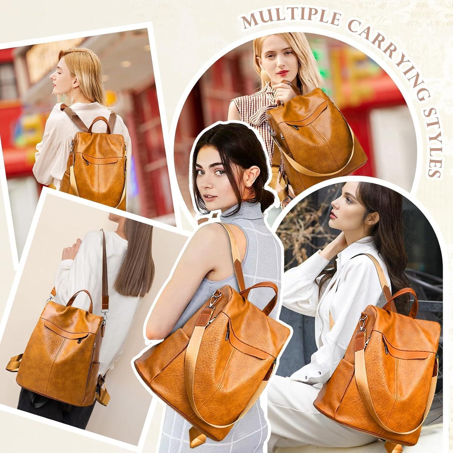 LuxusKollektion Freizeitrucksack Rucksack Damen wasserdicht diebstahlsicher PU Leder Gelb-braun