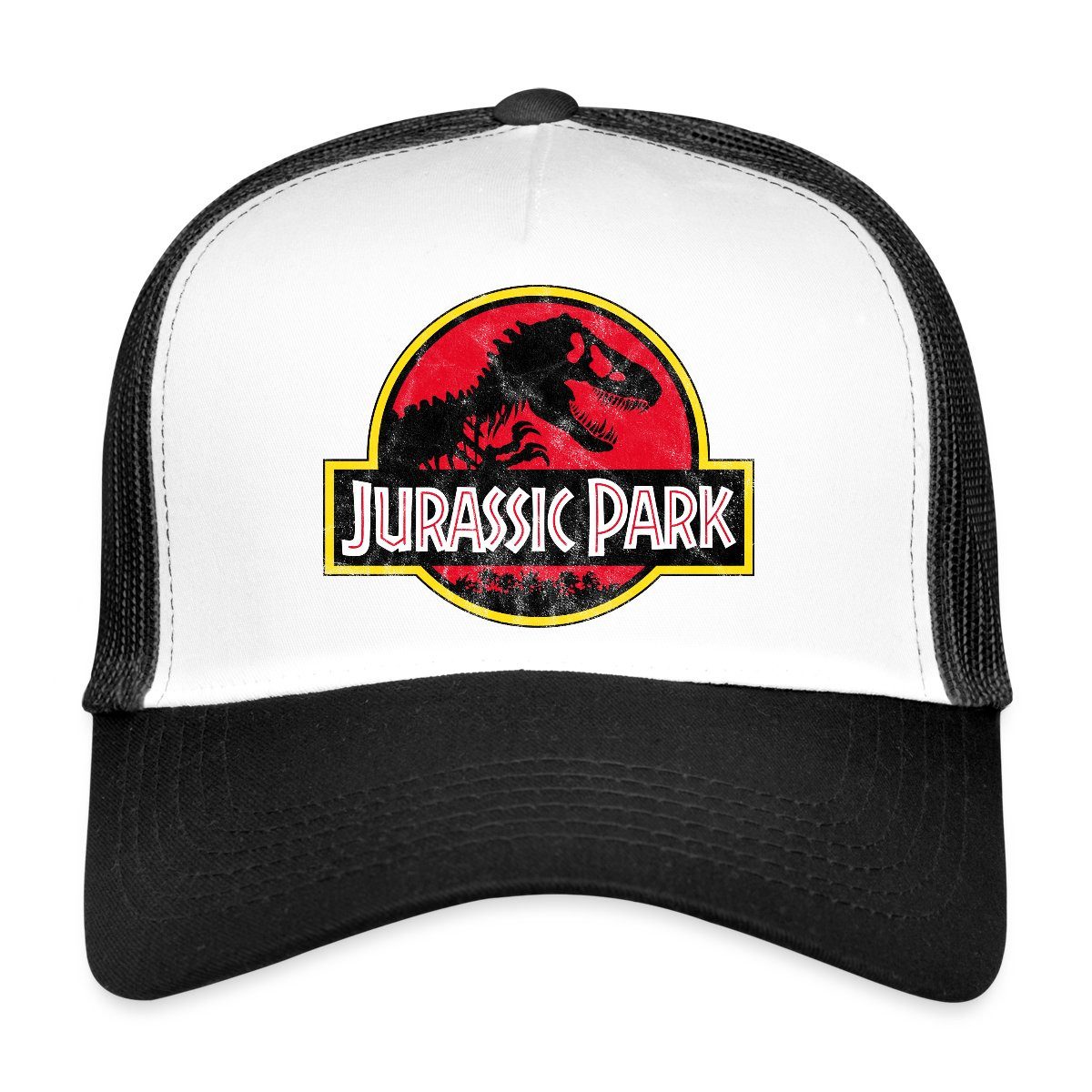 Spreadshirt Trucker Cap Jurassic Park Klassisches Logo In Rot Mit T-Rex Trucker Cap (1-St)
