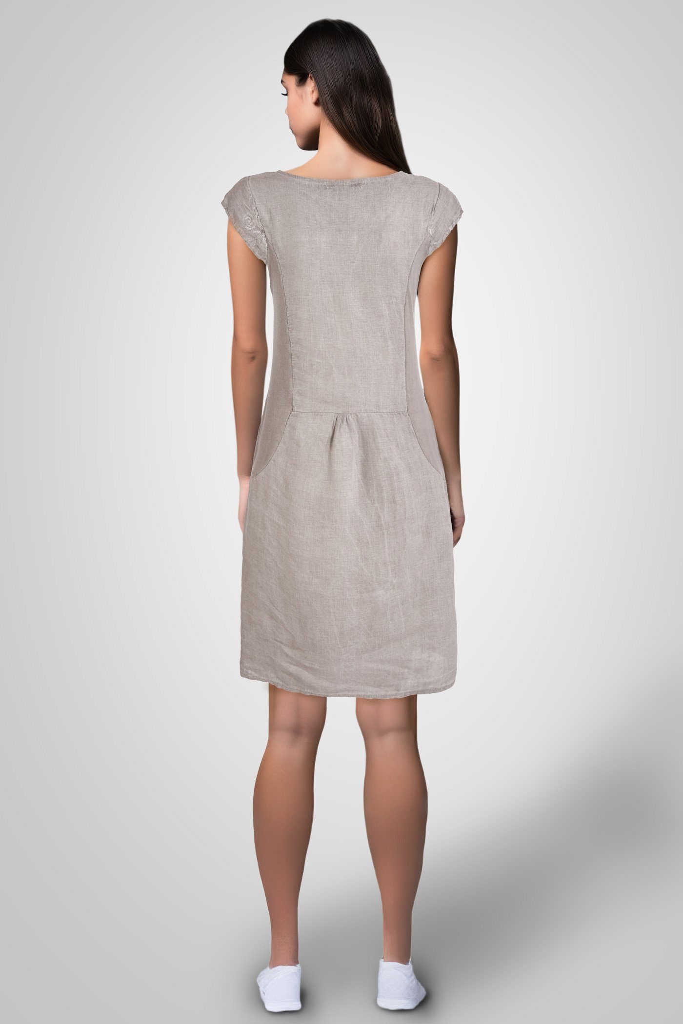 PEKIVESSA Sommerkleid Leinenkleid v2-schlamm Stickerei Damen (1-tlg) mit kurzarm knielang