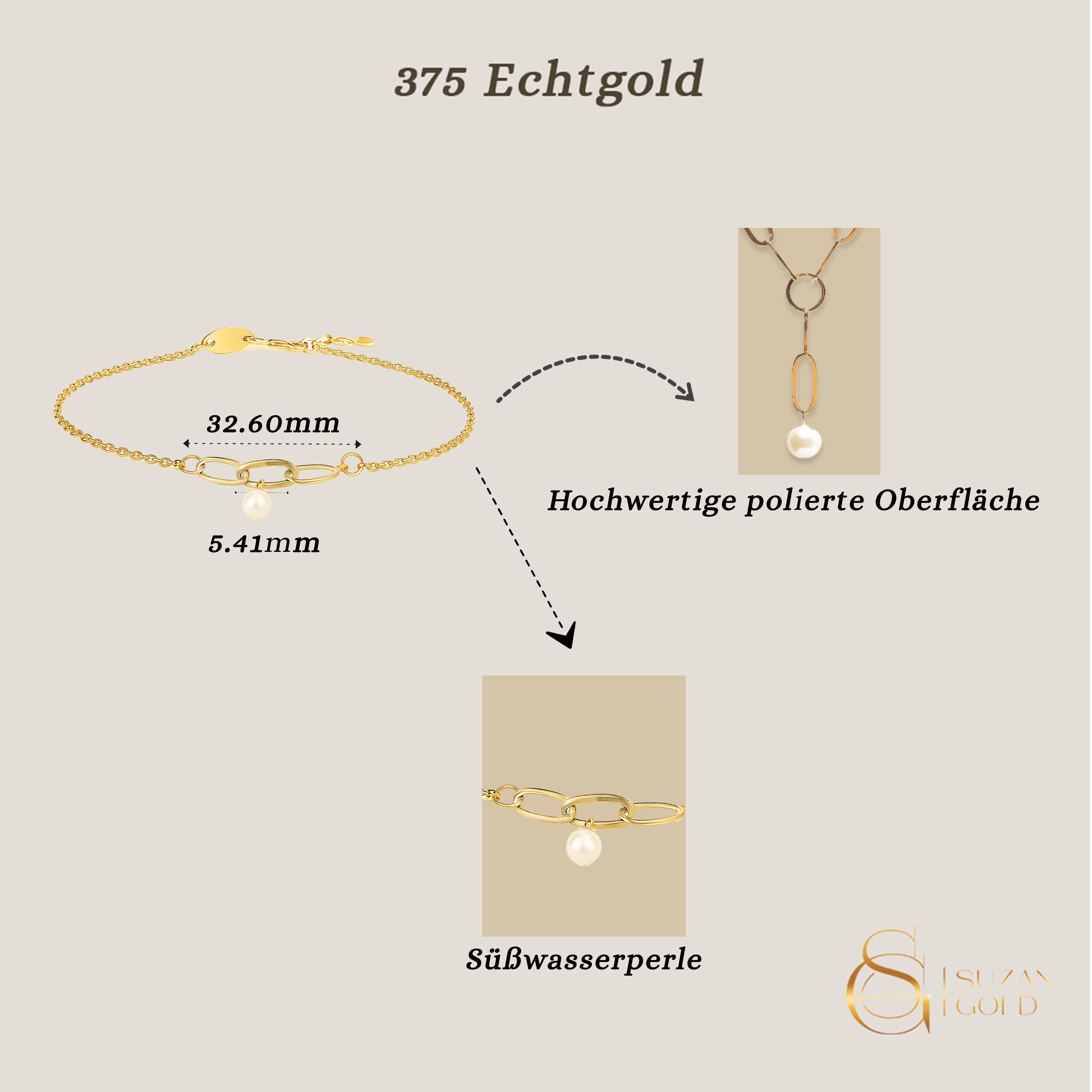 Suzan Gold Charm-Armband 375er Gold Armband – Perlenanhänger, elegant & was günstig online kaufen