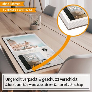 Hyggelig Home Poster Premium Poster Set - 7 Bilder Wandbilder Wohnzimmer Deko Collage, Stadt (Set, 7 St), Knickfreie Lieferung Qualitätsdruck Dickes Papier