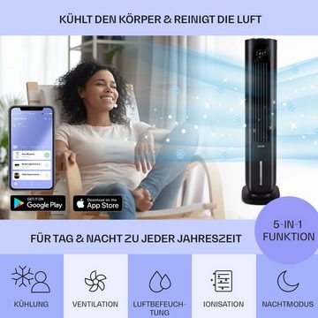 Klarstein Ventilatorkombigerät Polar Tower Smart Ventilator, mit Wasserkühlung & Eis mobil Klimagerät ohne Abluftschlauch