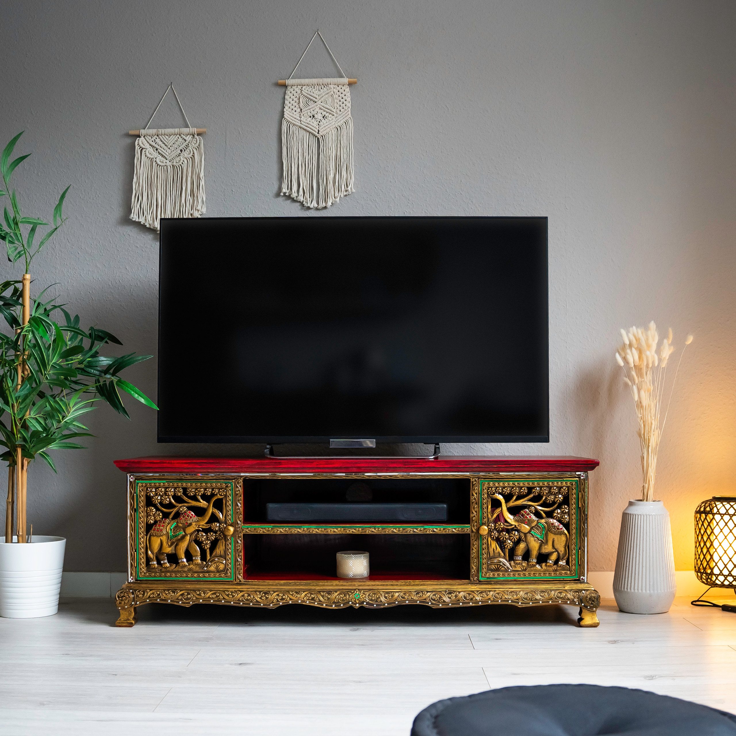 livasia TV-Board Lowboard mit Elefantenschnitzerei, Glasmosaik 130x45x50cm