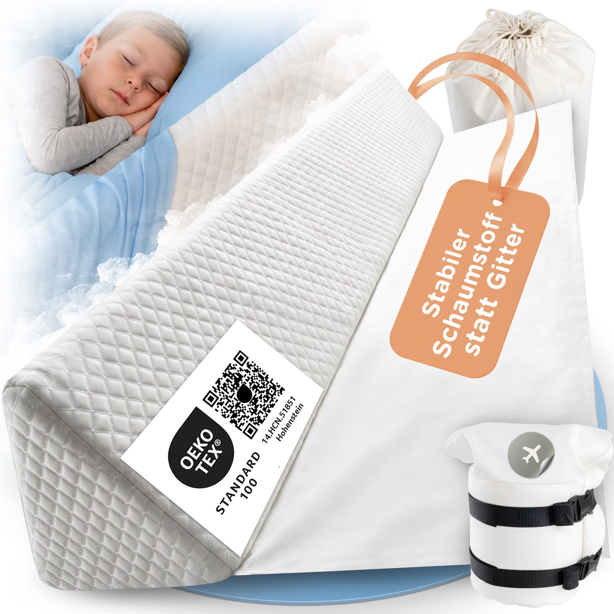 Lunova Bettschutzgitter Rausfallschutz Bett für Kinder – Boxspringbett & Elternbett (Travel Edition), Formstabil · mit Gurt & Reisetasche · zusammenrollbar