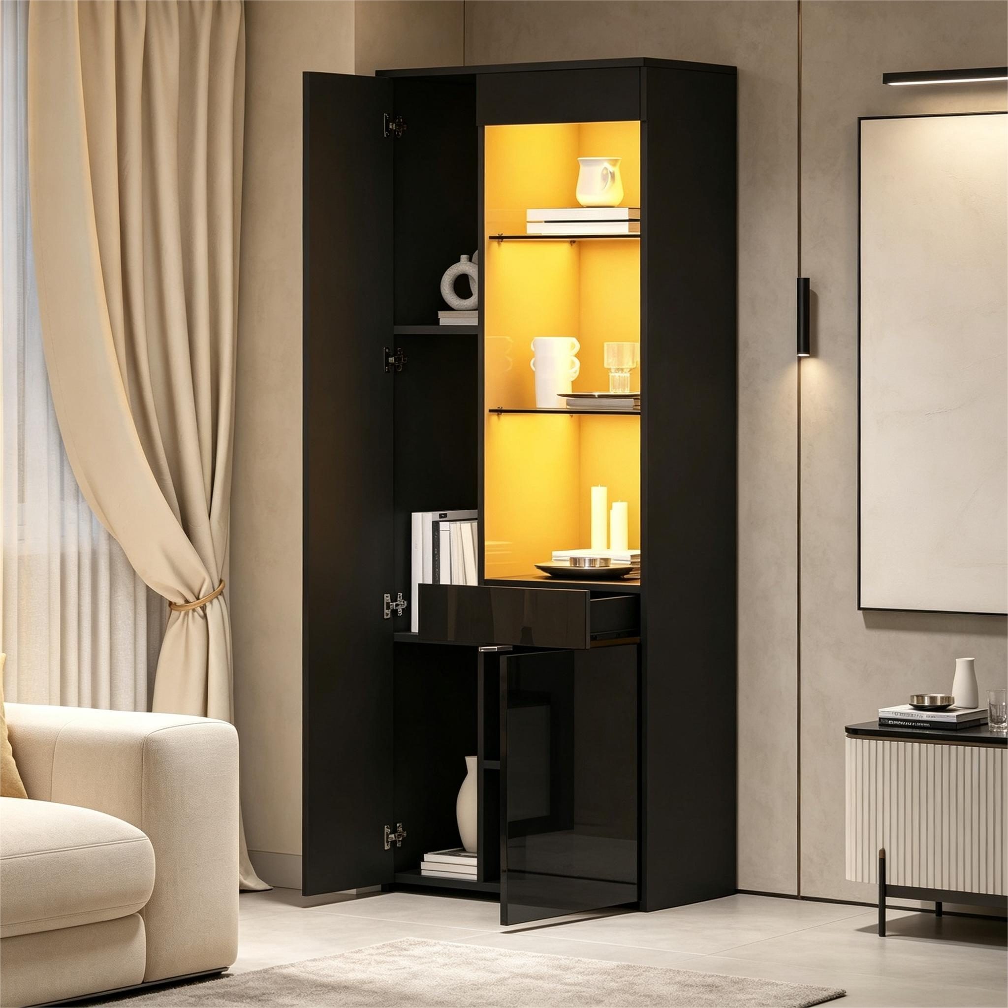 Merax Glasvitrine hochglanz Vitrine mit LED (70*35*180cm, 1-St., Hochschrank Standregal Schrank) Standvitrine Highboard mit Glasfächern, Schublade & Push-to-Open Türen
