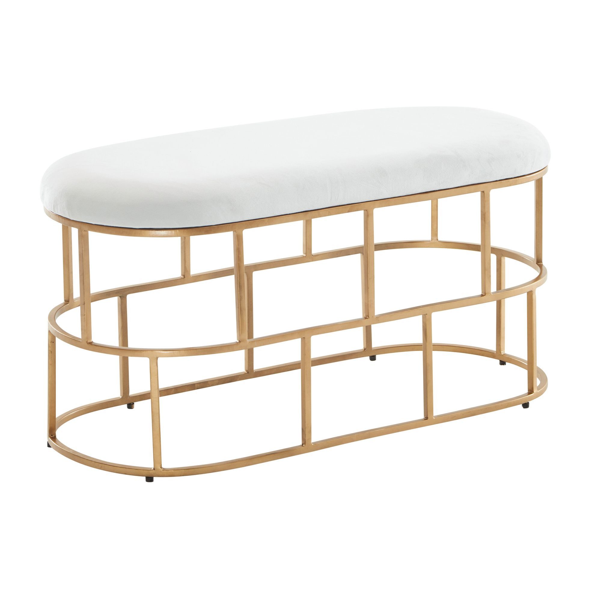 KADIMA DESIGN Sitzbank Sitzbank Samt Weiß / Gold 90x46x38 cm Flur Polsterbank mit (Modern), Metallgestell, Design Bettbank Schlafzimmer, Flurbank Garderobenbank