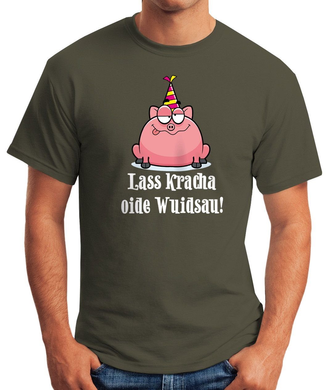 MoonWorks Print-Shirt Herren Print grün kracha T-Shirt Wuidsau Geschenk Schwein mit Fun-Shirt Geburtstag Spruch oide Lass Moonworks®