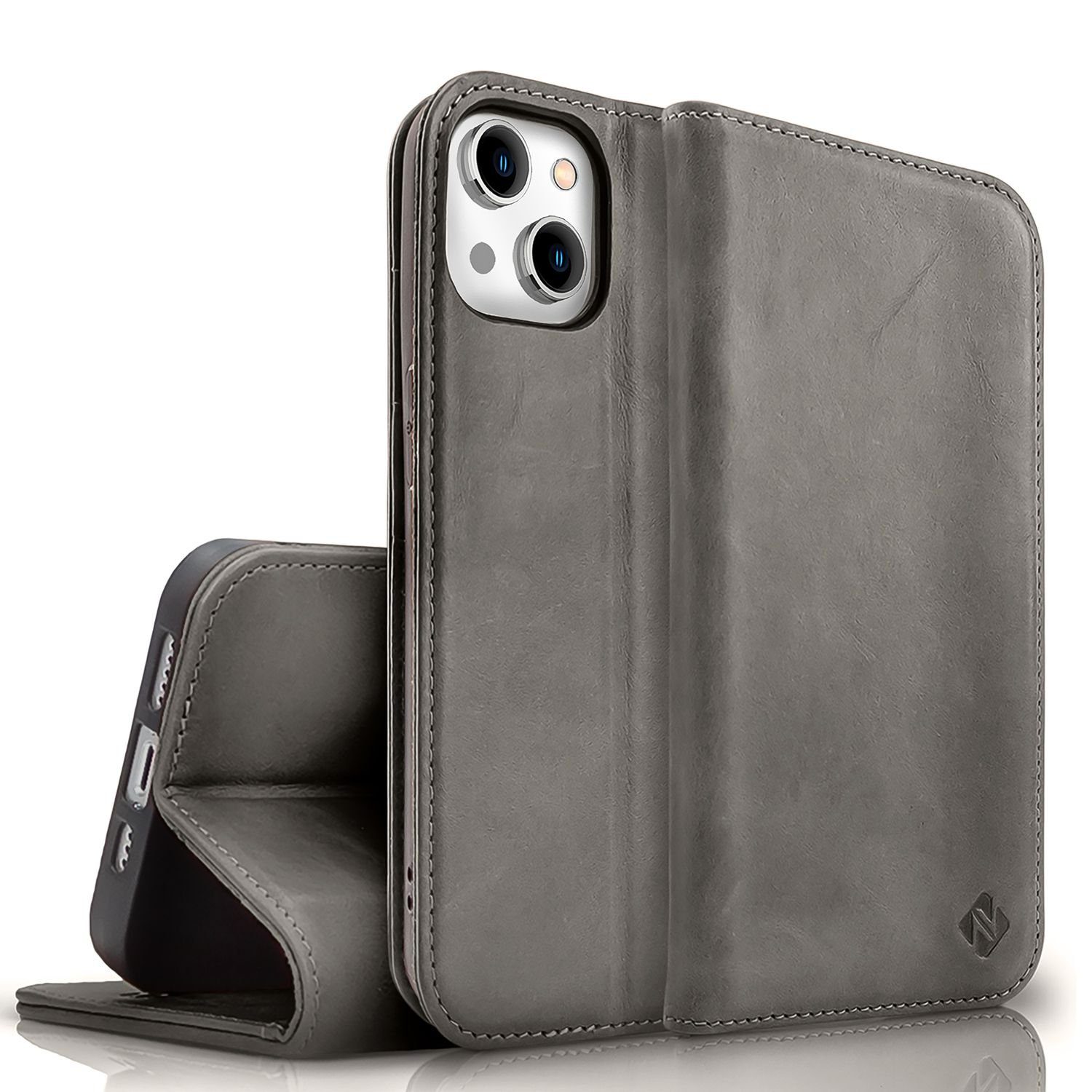 Nalia Smartphone-Hülle Apple iPhone 15 Plus, Echt Leder Etui / Standfunktion Kickstand / RFID Schutz Handyhülle