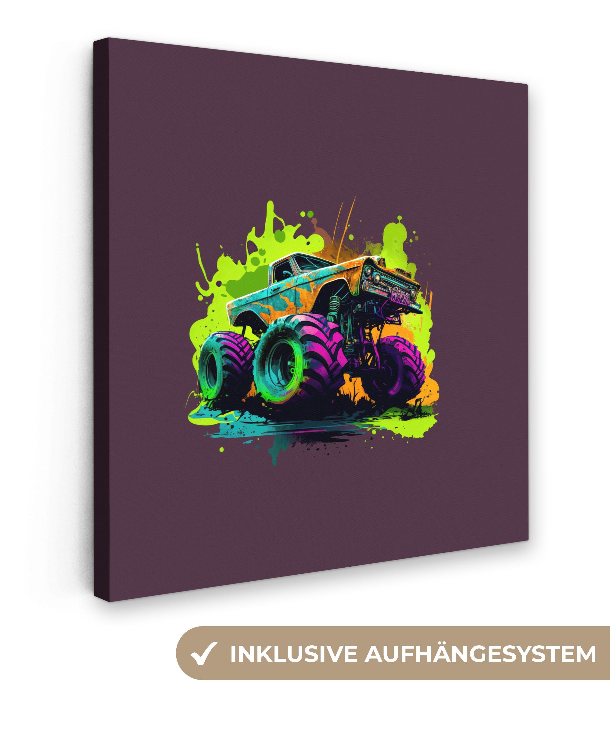 OneMillionCanvasses® Leinwandbild Monstertruck - Grün - Neon - Auto - Design, (1 St), Leinwand Bilder für Wohnzimmer Schlafzimmer