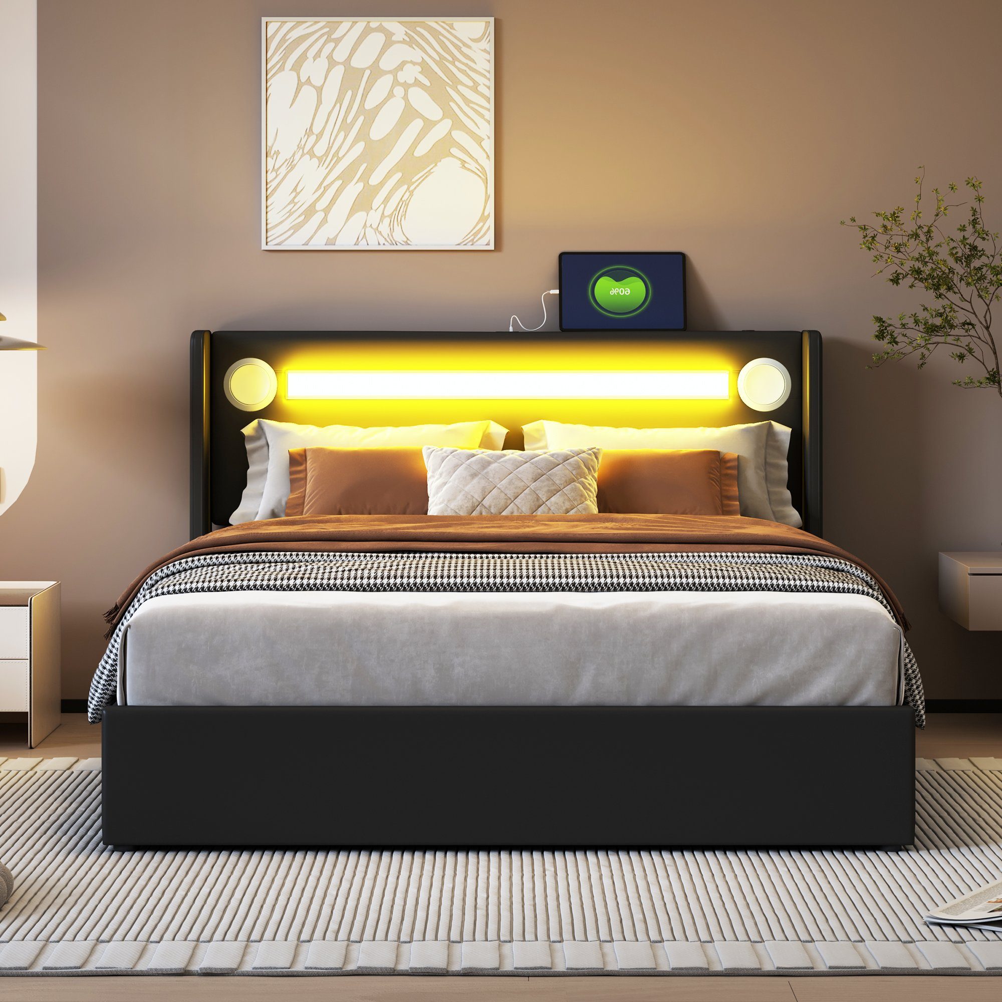 Merax Polsterbett mit Bettkasten und Lattenrost, Kunstlederbezug, mit LED, günstig online kaufen