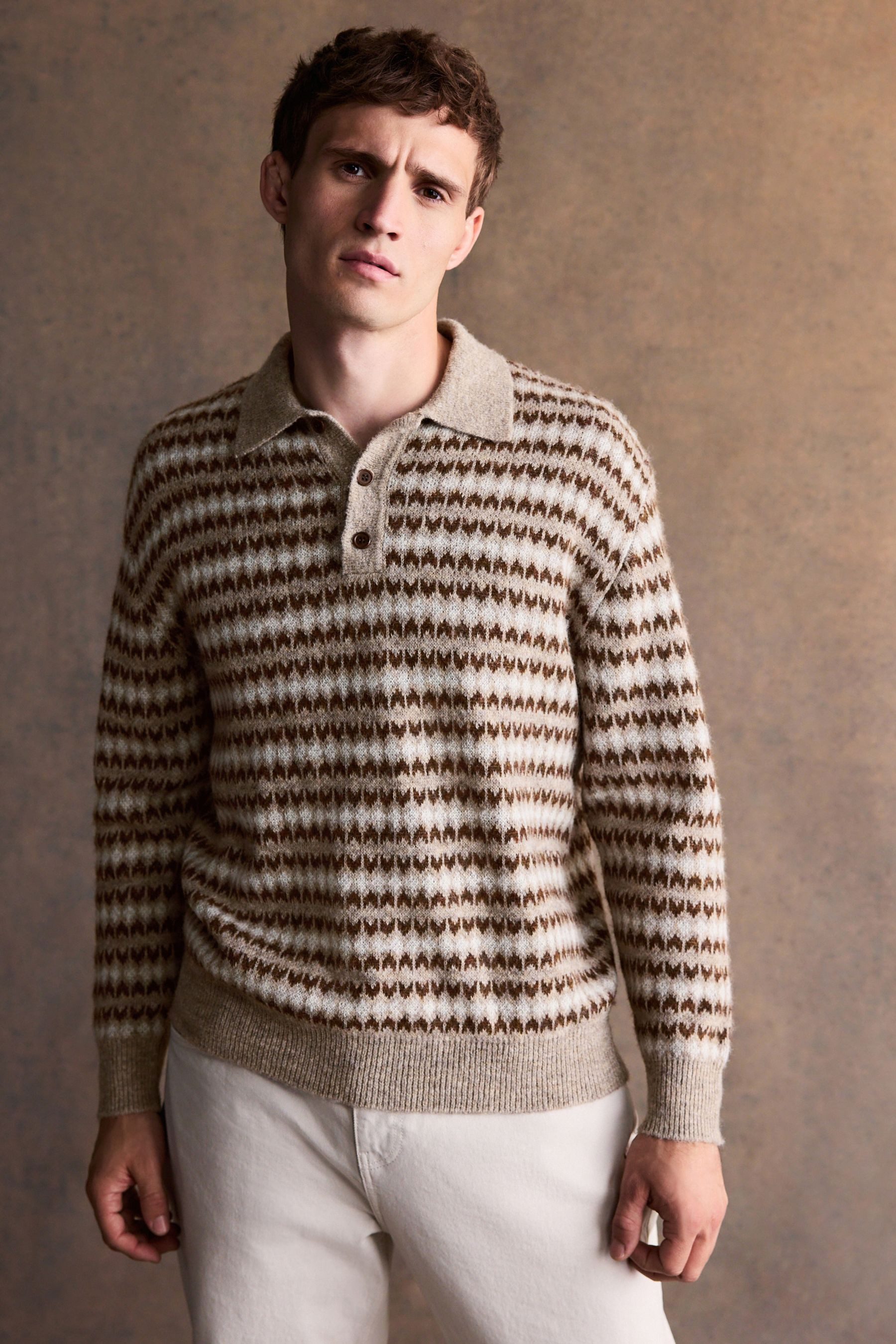 Next Langarm-Poloshirt Regular Fit Strick-Polohemd mit Fairisle-Muster (1-tlg)