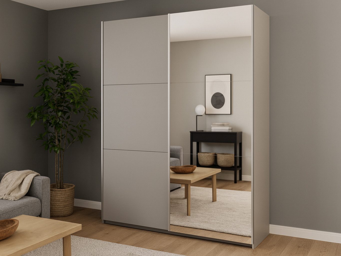 Beautysofa Schwebetürenschrank ROSSA mit Spiegel (2 Kleiderstangen und 9 Regalböden, zur Auswahl verschiedene Farben) Breite: 200 oder 225 cm