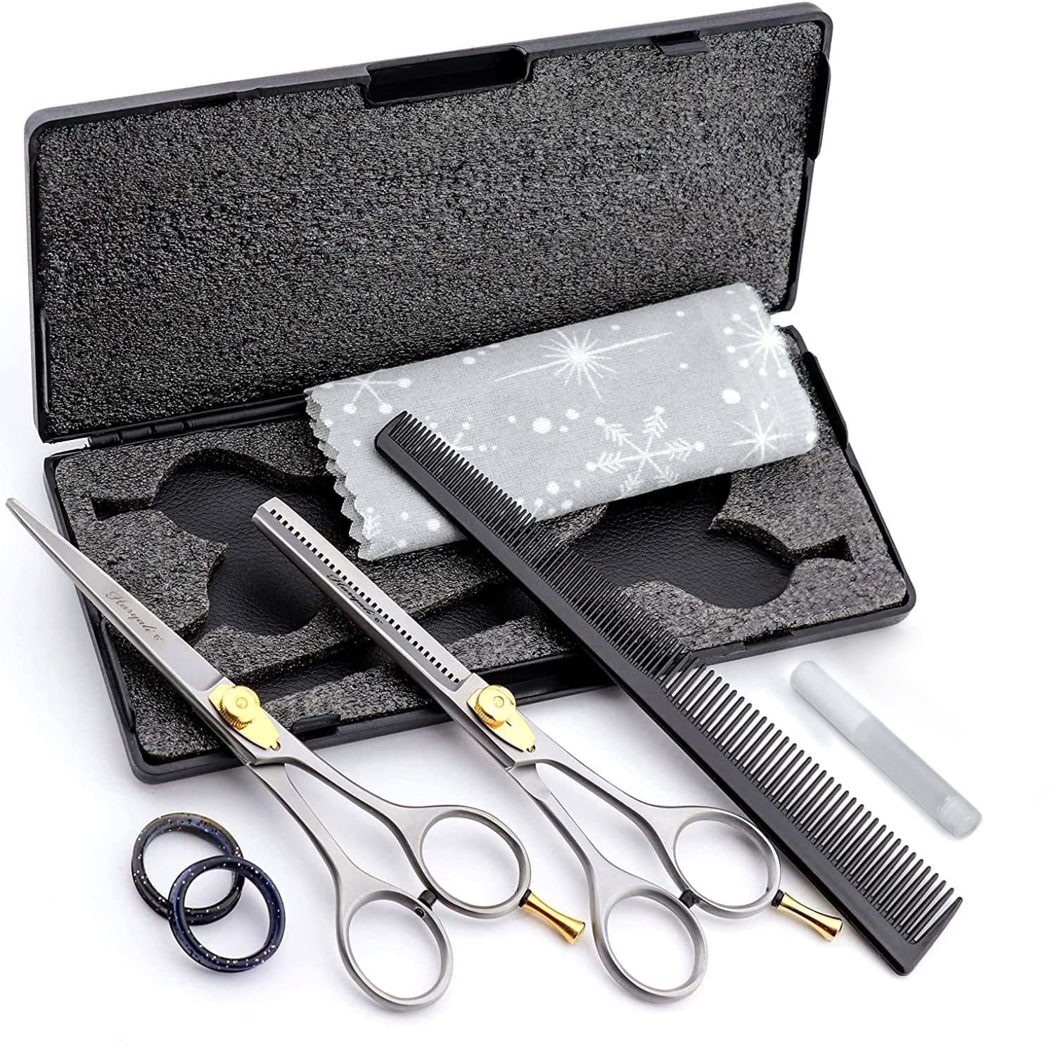 Haryali London Haarschere Perfektes Friseur-Haarscheren-Set Schneiden und Ausdünnen mit Zubehör, (1x Pair, 2-tlg., 1x Schneideschere, 1x Effilierschere, 1x Kamm, 1x Öl, 1x Box), Bestens geeignet für professionelle Friseur- und Kosmetikscheren