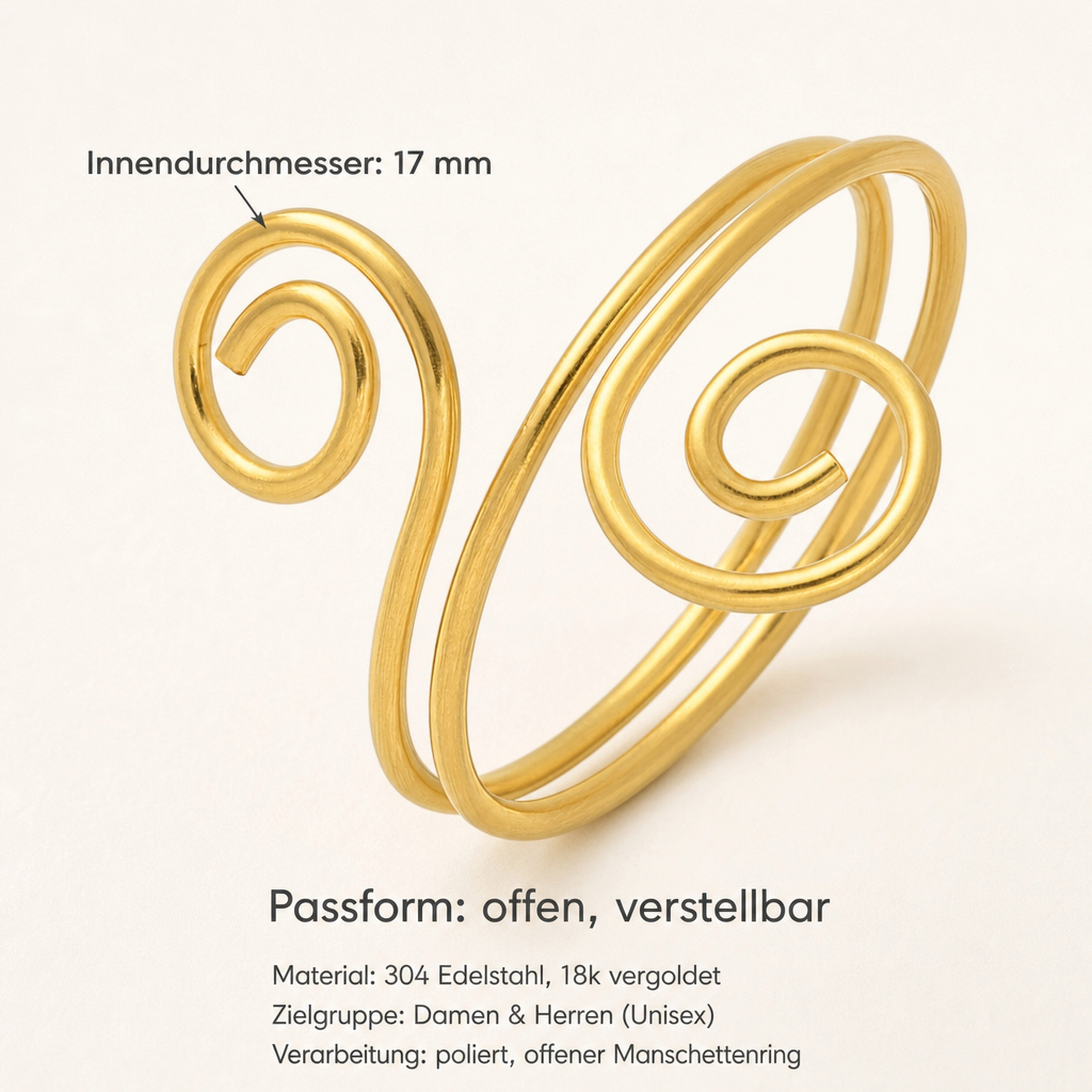 Lebensquelle Plus Fingerring Verschnörkelter Edelstahl-Ring – 18k vergoldet, verstellbar Unisex