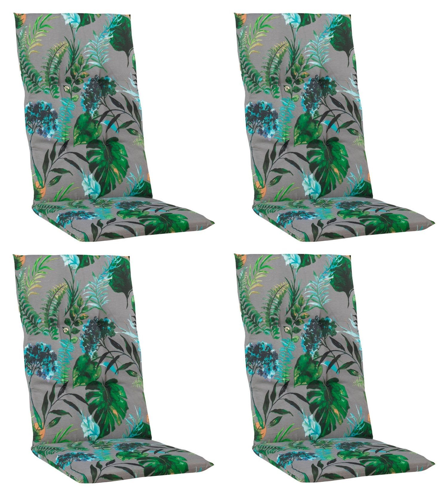 GO-DE Polsterauflage PALMIRRI, 4er Set, für Hochlehner, Blau, Grau, Dschungelmotiv, Baumwolle, Polyester, B 48 x L 118 cm