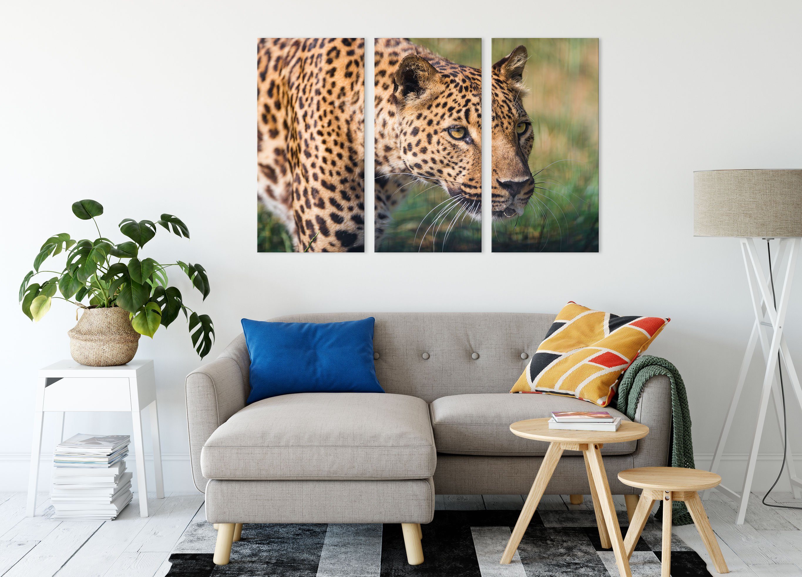 (120x80cm) bespannt, fertig schleichender 3Teiler Zackenaufhänger Leinwandbild inkl. (1 St), schleichender Leopard Pixxprint Leopard, Leinwandbild
