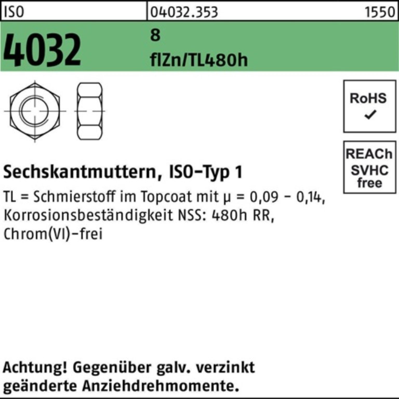 500er Gleitm. 8 Sechskantmutter Bufab zinklamellenbes. 4032 Pack flZ M12 ISO Muttern