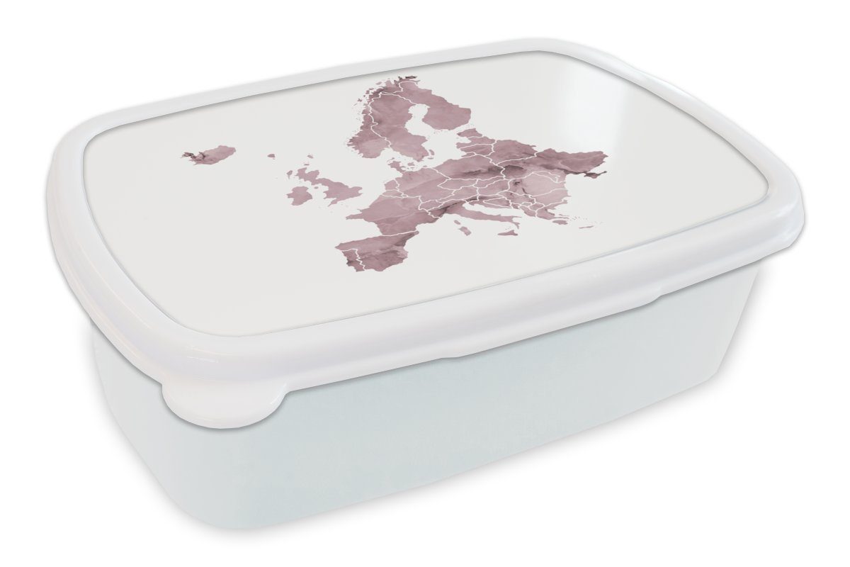 MuchoWow Lunchbox Karte von Europa - Aquarell - Violett, Kunststoff, (2-tlg), Brotbox für Kinder und Erwachsene, Brotdose, für Jungs und Mädchen weiß