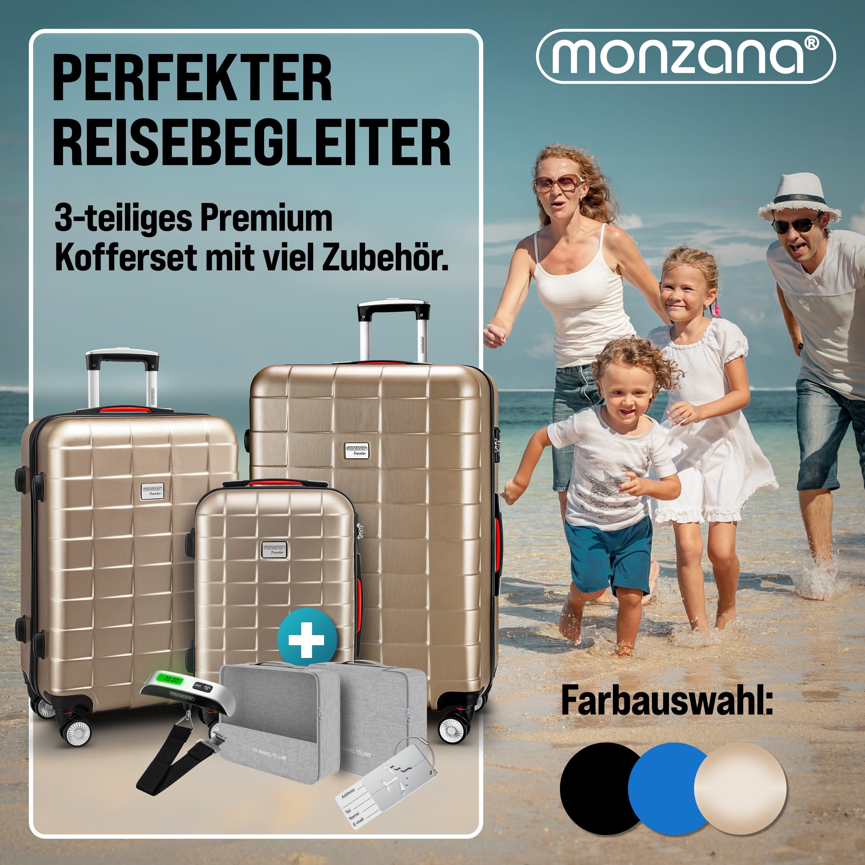 monzana Kofferset, Koffer Zwillingsrollen TSA Schloss Waage Gurt Reisekoffer Champagner