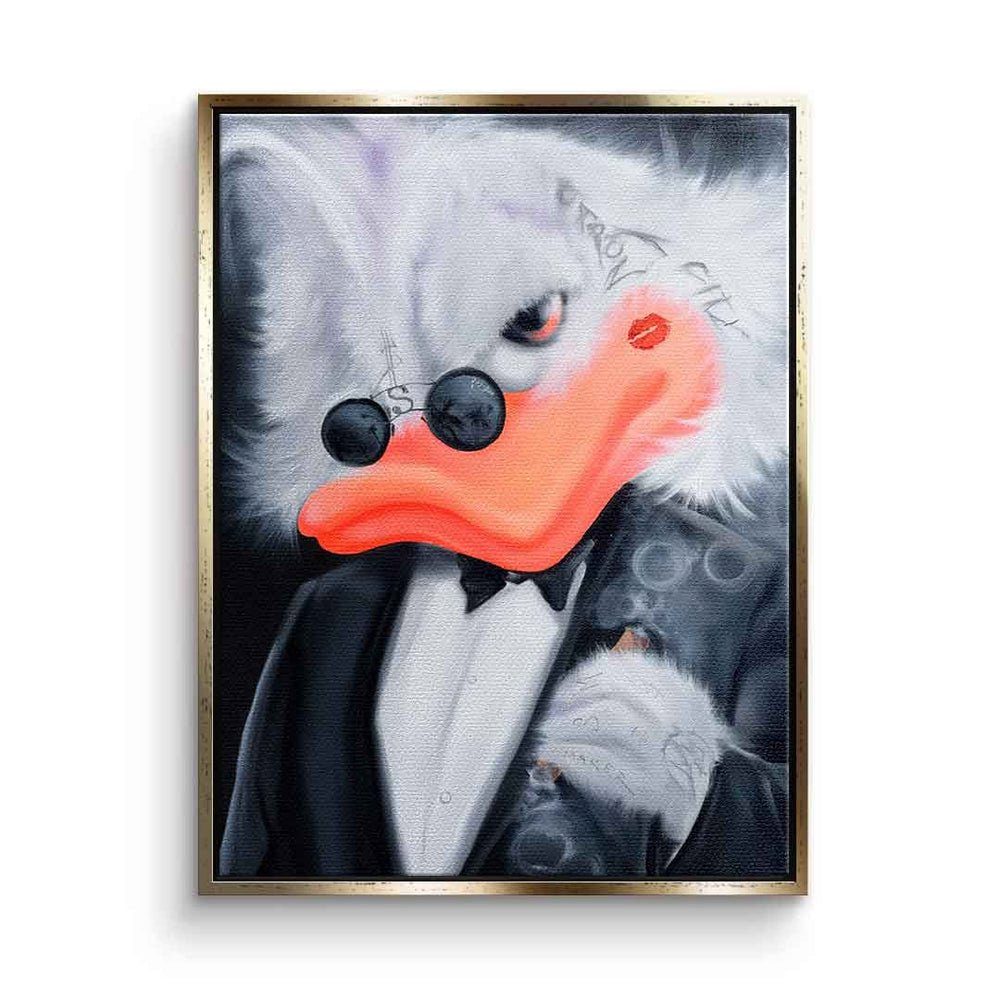 DOTCOMCANVAS® Leinwandbild Cigarette Duck, Leinwandbild Duck Pop Art Comic Porträt Cigarette Duck weiß schwarz goldener Rahmen