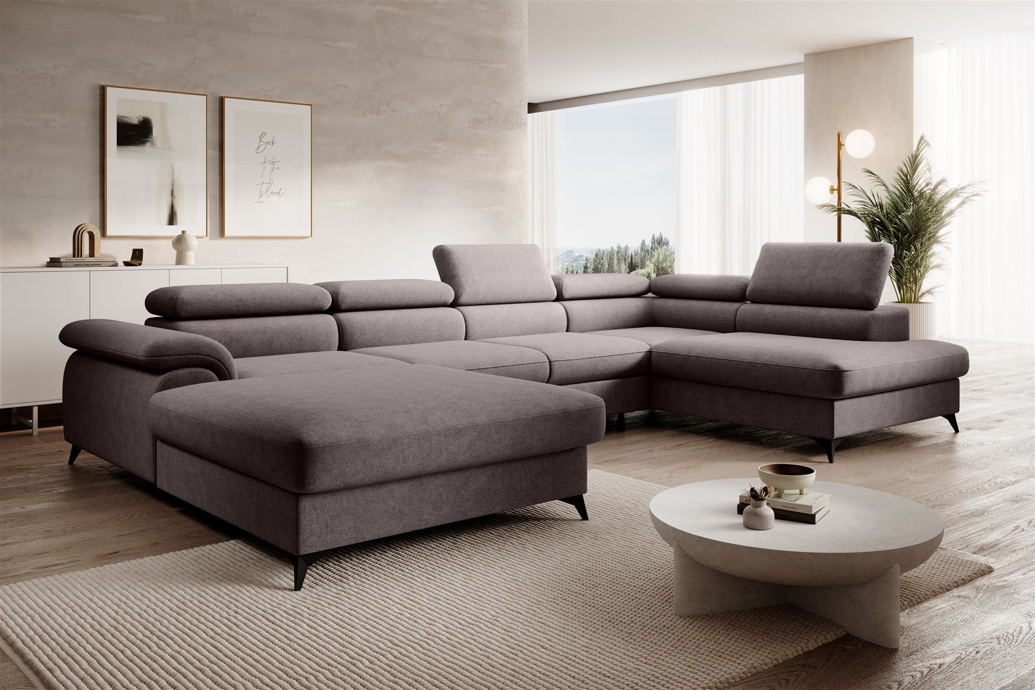 Fun Möbel Wohnlandschaft Sofa U-Form BASTIEN in Stoff Whisper, mane Links oder Rechts, Rundumbezug und Bettkästen Braun