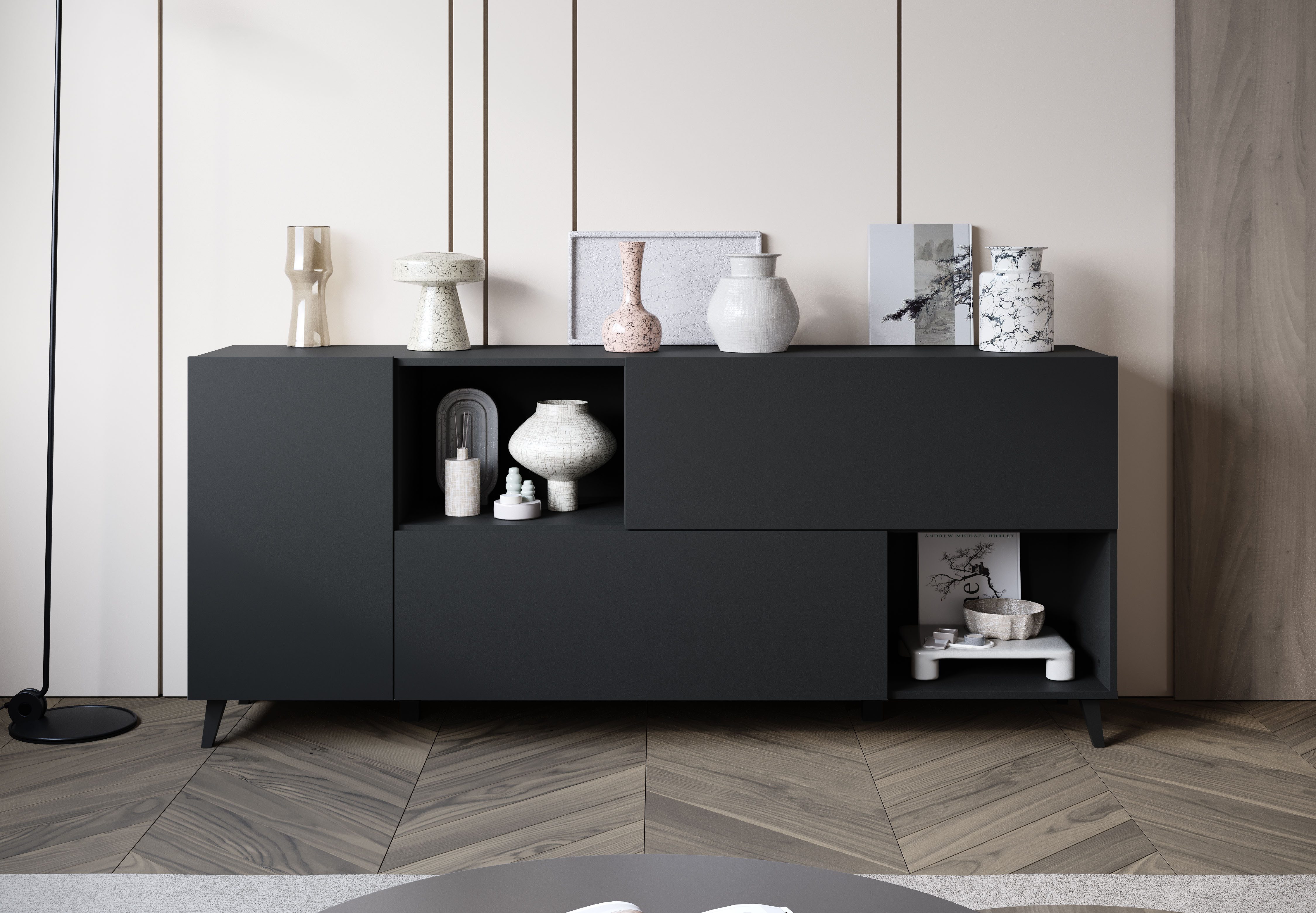 Home affaire Sideboard Phuket, Kommode mit 1 Tür, 2 Klappen und offenen Fächern (1 St), 180 cm breit, modernes Design mit viel Stauraum