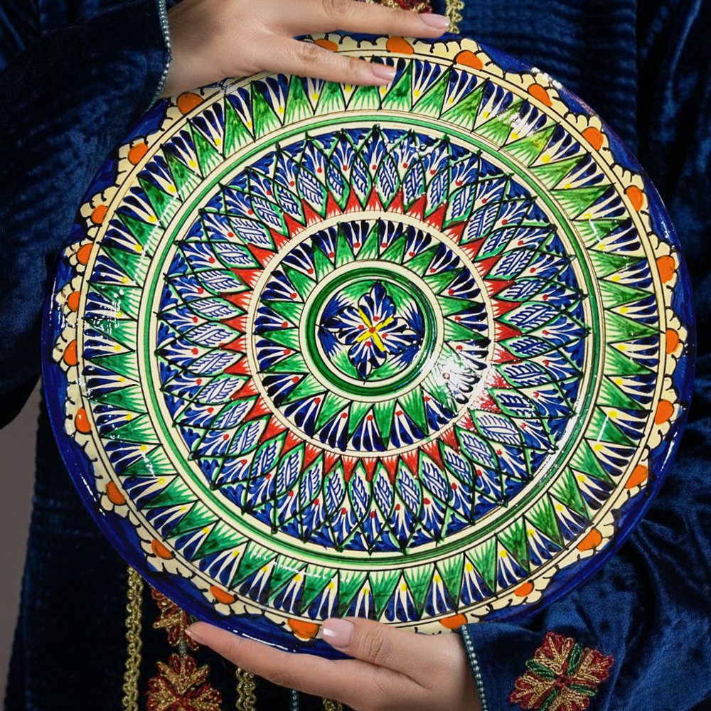 Servierplatte Lagan Ø 37 cm dunkelblau Muster Mix Reisplatte Servierteller rund, Keramik, Handbemalt