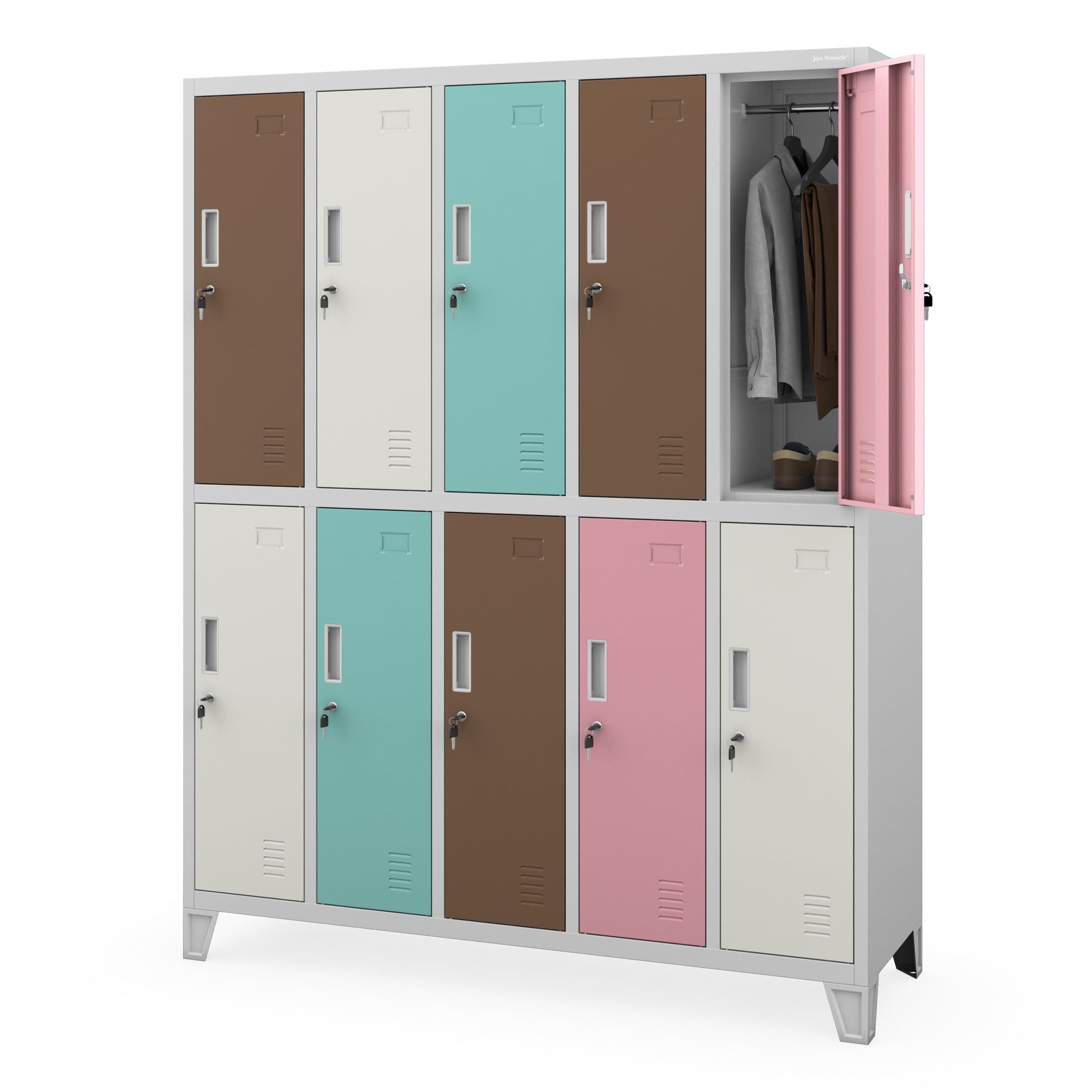 Jan Nowak Mehrzweckschrank Metall Kleiderspind 136 cm BARTEK 10 Fächer abschließbar 172 cm (Umkleideschrank BHP Arbeitsraum Produktion Magazin Sozialraum, 0,6 mm 172 x 136 x 45 cm Wandmontage Kleiderstange 30 kg 66 kg) Lüftungsschlitze Namensschildhalter USB-Montage möglich 18 Farben