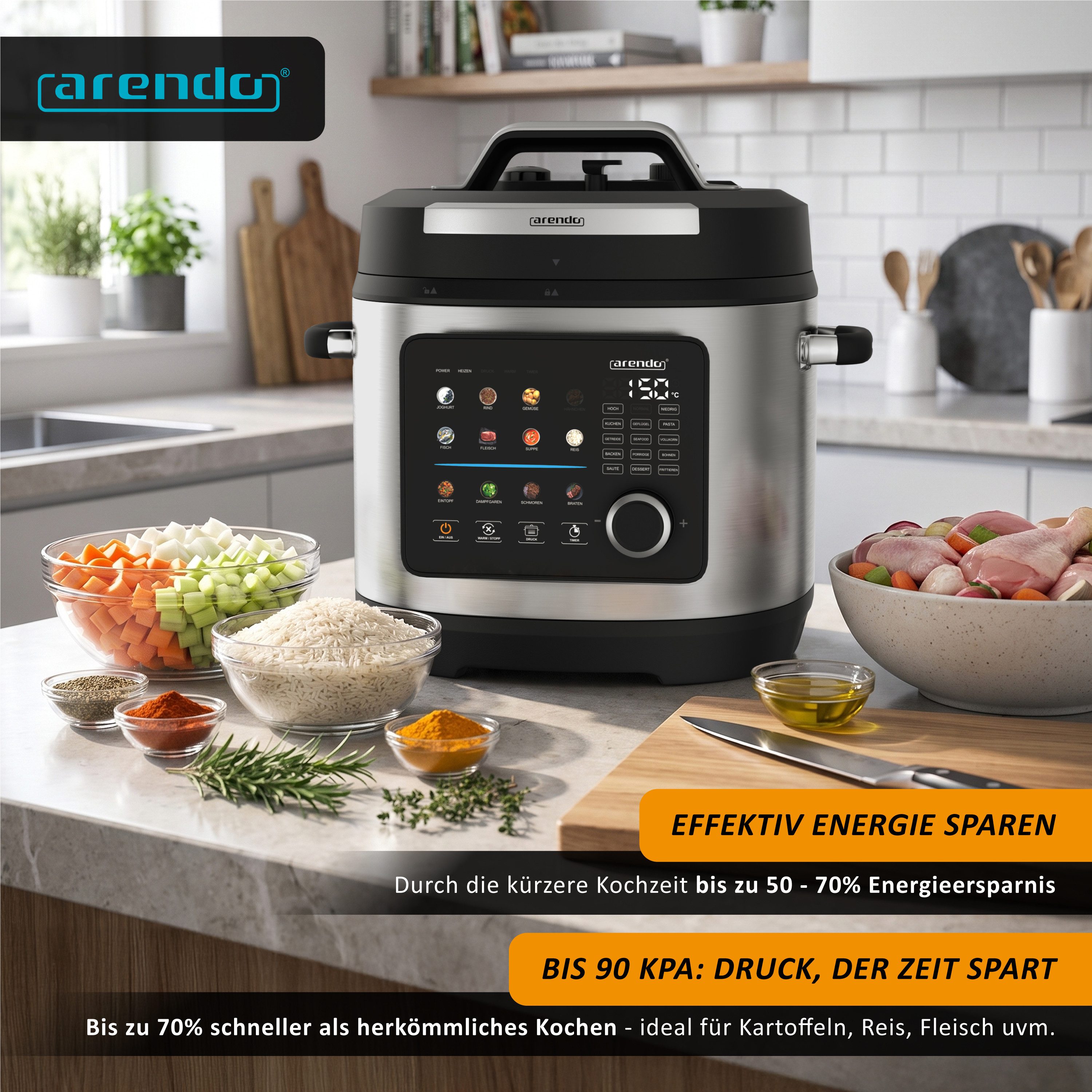 Arendo Multikocher Schnellkochtopf 6 Liter elektrisch, 24 Programme, Touch & Drehknopf, 1000 W, 6 l Schüssel, 3 Druckstufen, 24-Stunden-Timer, Warmhaltefunktion – Bild 3 von 5