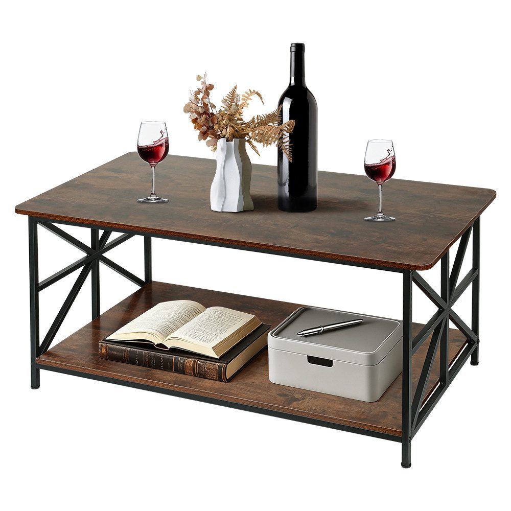 JEOBEST Couchtisch Wohnzimmertisch Holz mit offenes Fach, Sofatisch Rechteckig, (2-stöckiger) Rustikales Design 100x52x47.5cm