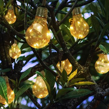 etc-shop Gartenleuchte, LED-Leuchtmittel fest verbaut, Warmweiß, Solarlichterkette 10x LED Glühbirnen Außenlampe Gartendeko amber