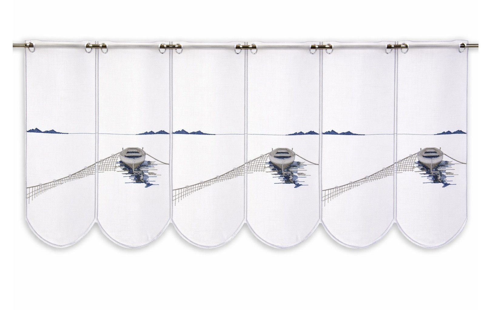 Clever-Kauf-24 Scheibengardine Scheibengardine Fischerboot bestickt blau, transparent, bestickt