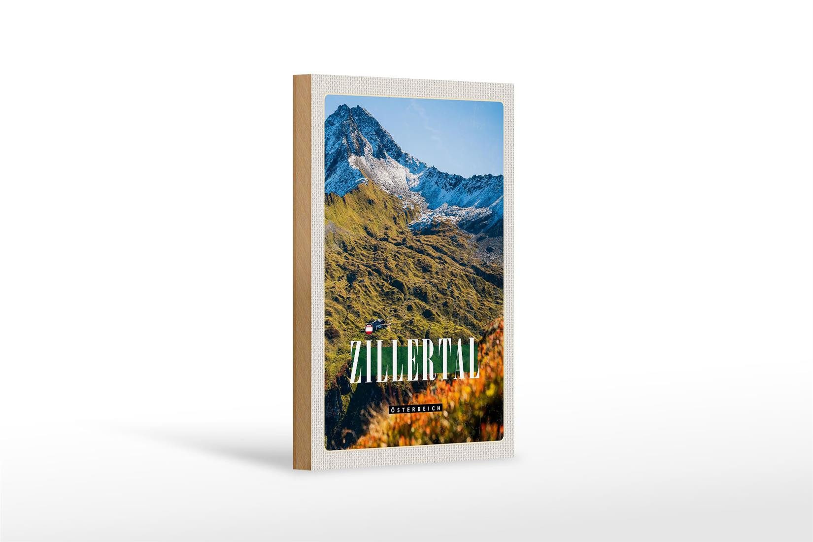 Holzbild Reise 12x18 cm Zillertal Gebirge Natur Wälder Urlaub