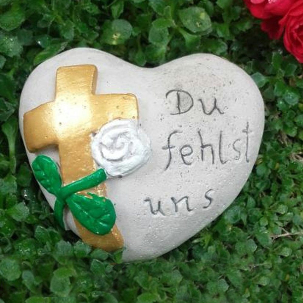Grabherz "Du Steinguss Gartenfigur Kreuz Herz in fehlst uns" Radami Farbe Spruch Gold