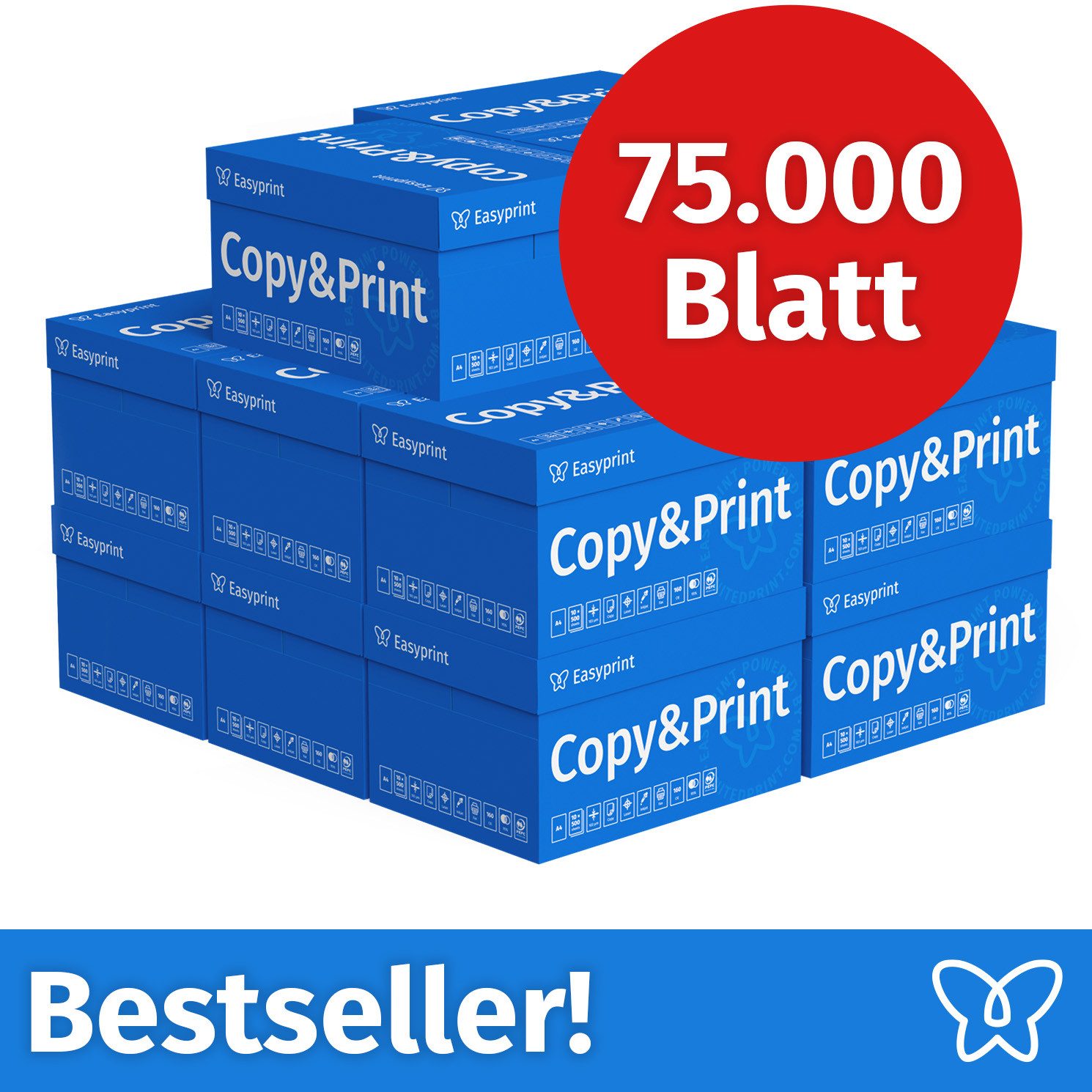 Easyprint Drucker- und Kopierpapier Kopierpapier 75000 Blatt A4 Premium Hochweiß CIE 160 Testsieger PEFC, PEFC-Zertifikat (GFA-PEFC-COC-500582)