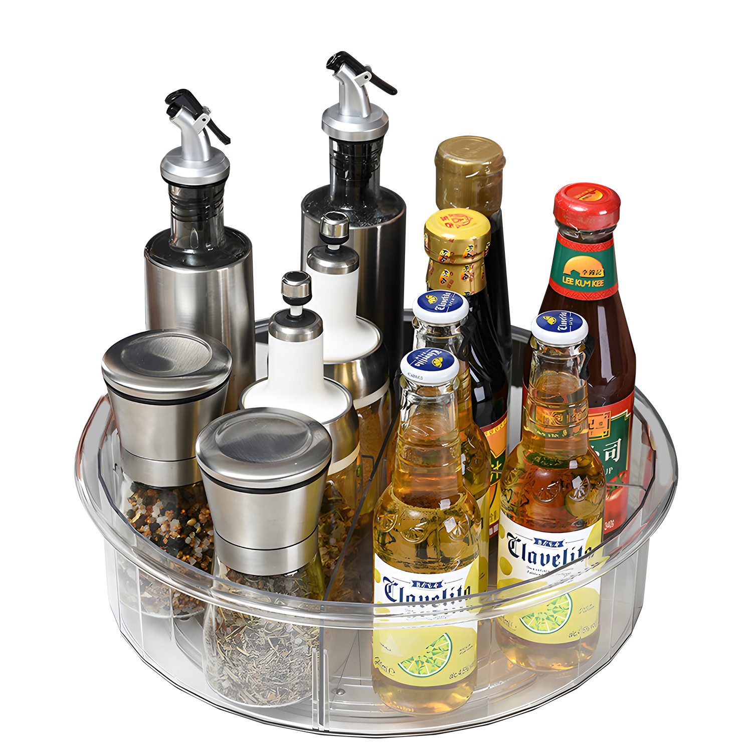 OSTWOLKE Gewürzregal 30cm Drehteller Kühlschrank Organizer für Flaschen, Gewürzen, 360° Drehbar, mit 4 abnehmbare Trennwände