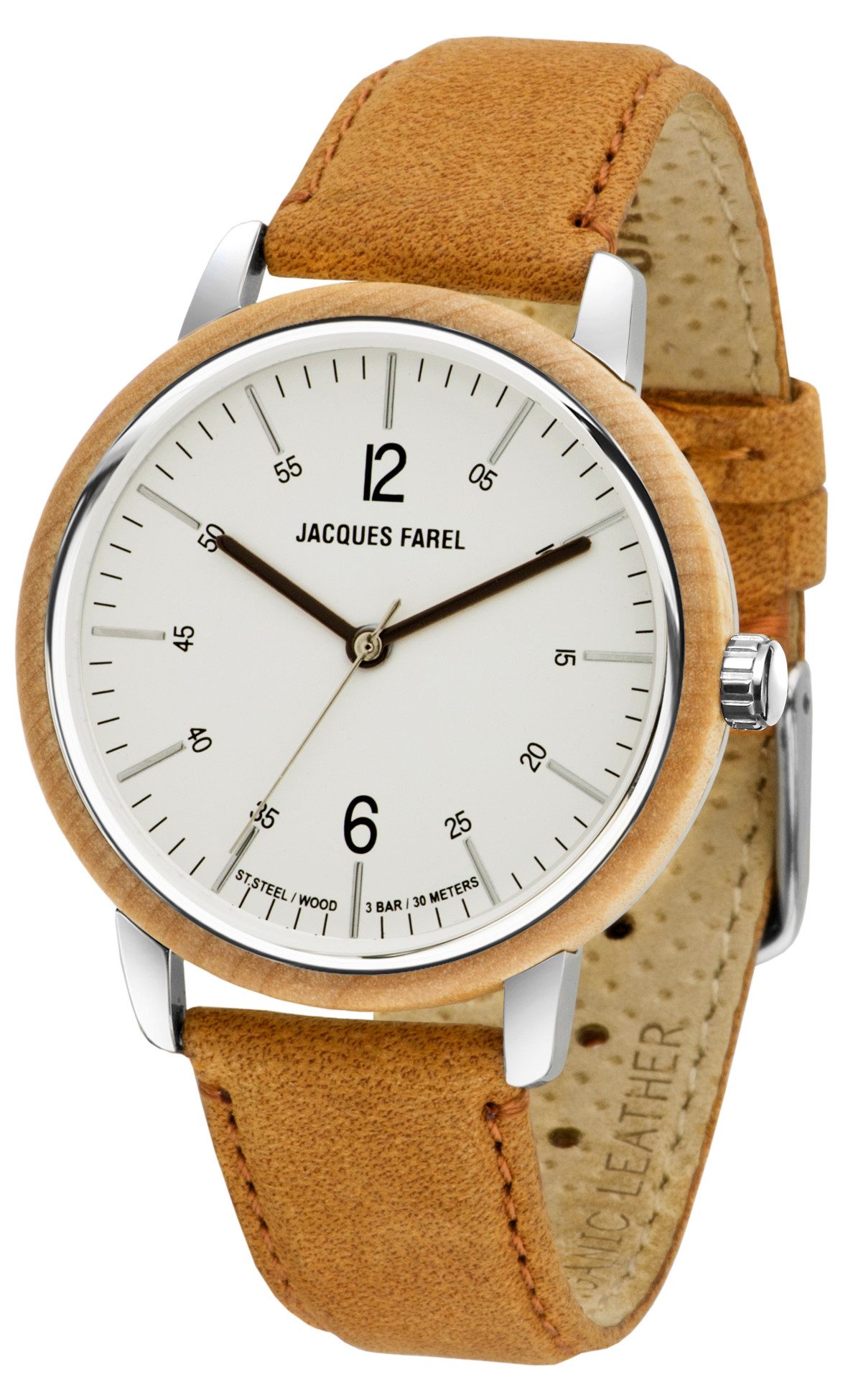 Jacques Farel Quarzuhr ORW1003 nachhaltige Damen Armbanduhr Stahlgehäuse Holzring Lederband 3 bar, Analog Beige Hellbraun Holzuhr Geschenk Frauen Ø38 mm